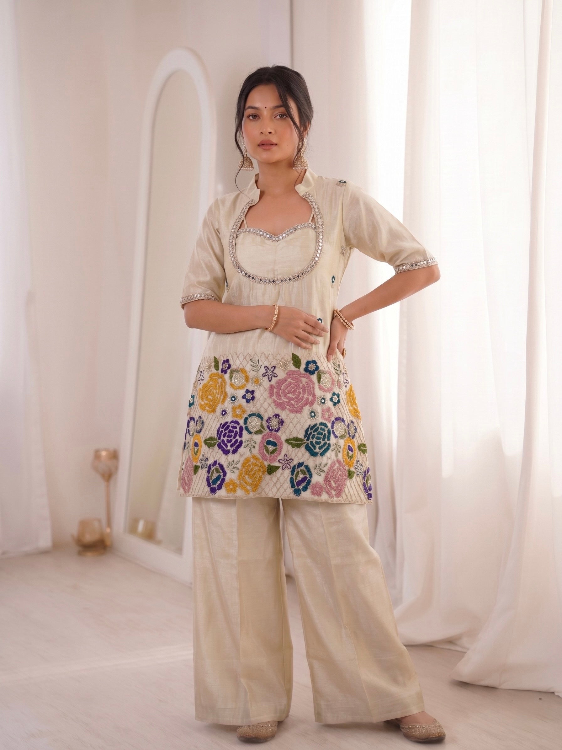 Off White Embroidery Work With Real Mirror Work Set 