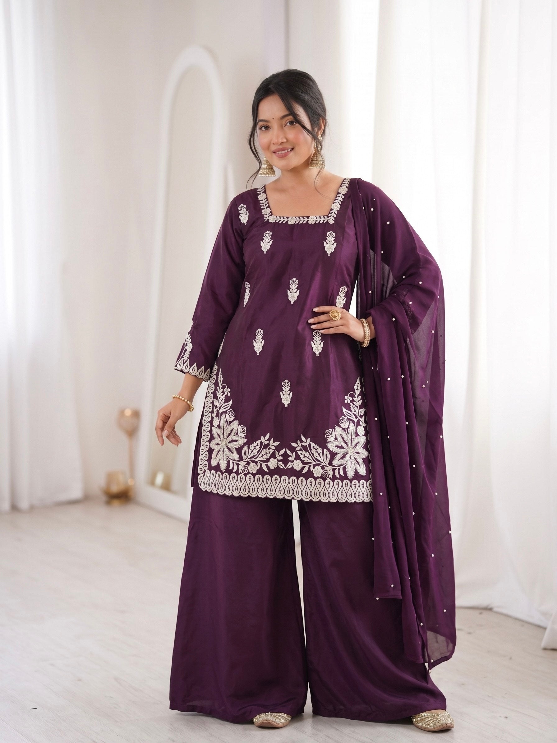 Purple Roman Silk Embroidery Work Suit Set