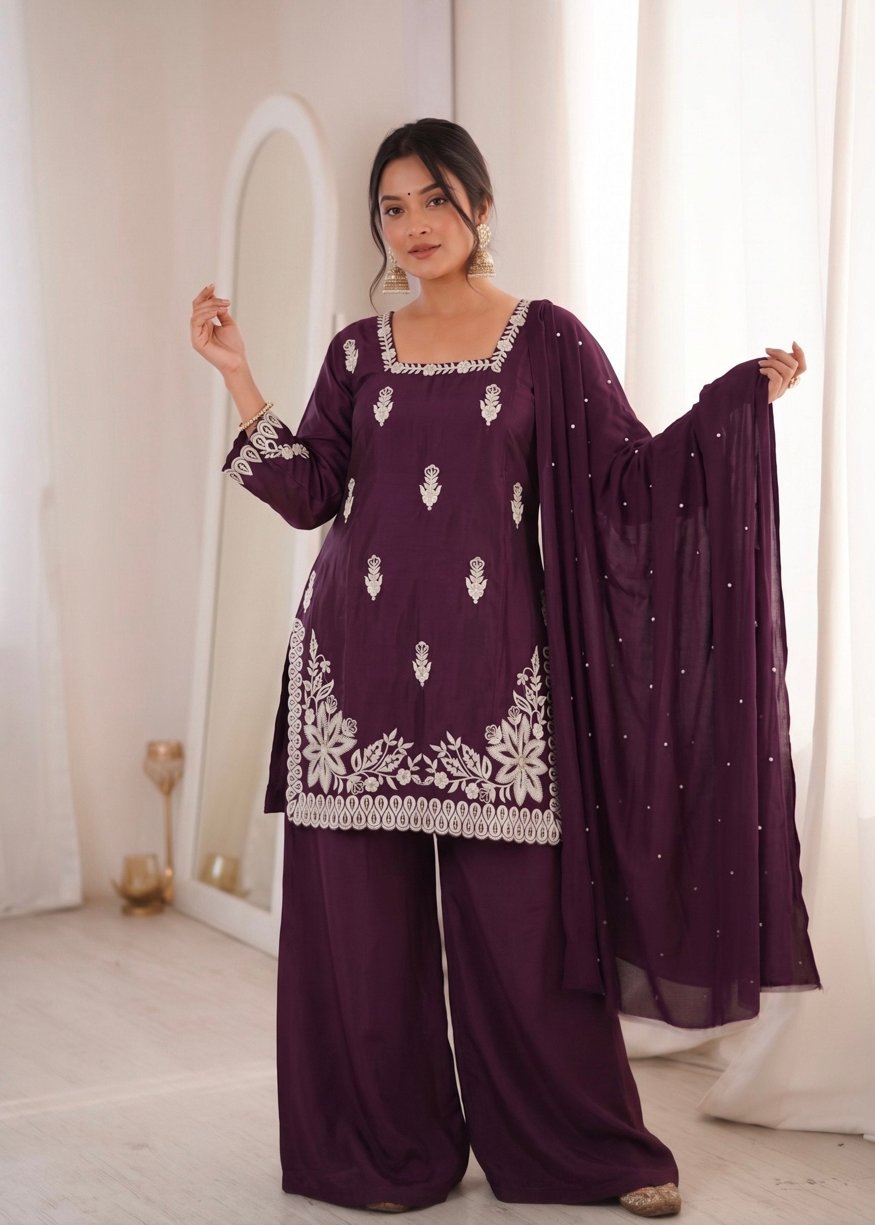 Purple Roman Silk Embroidery Work Suit Set