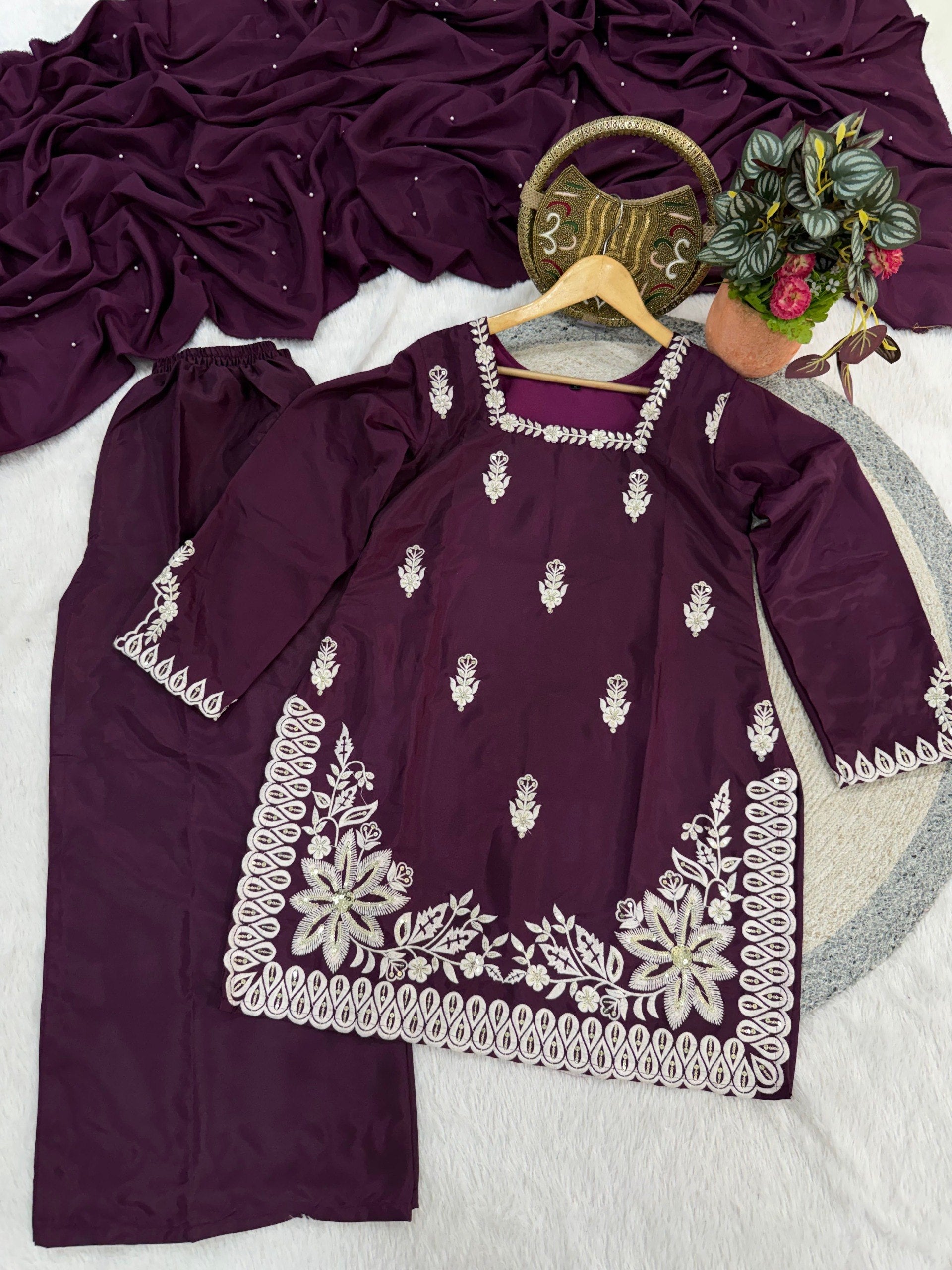 Purple Roman Silk Embroidery Work Suit Set