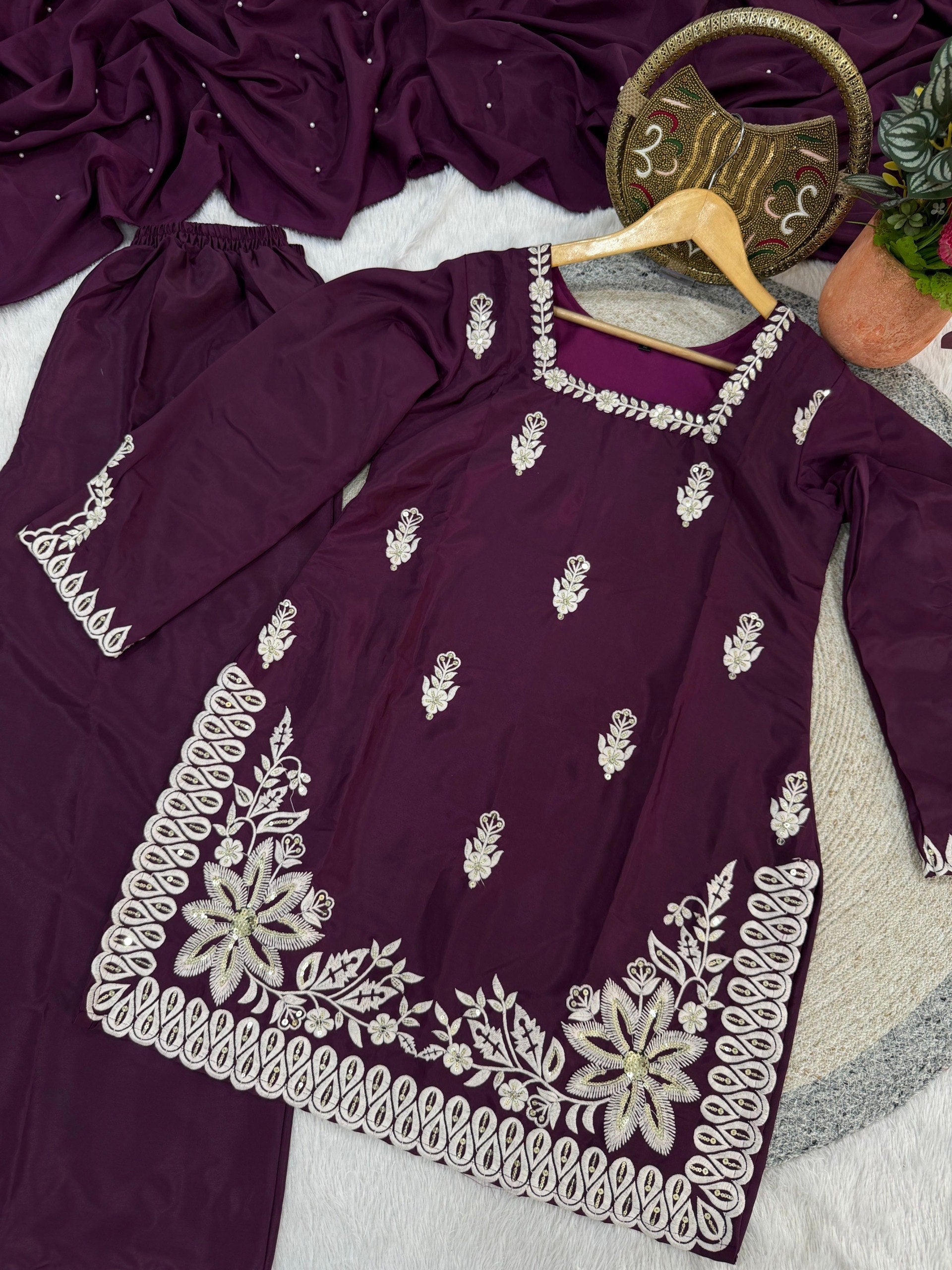 Purple Roman Silk Embroidery Work Suit Set