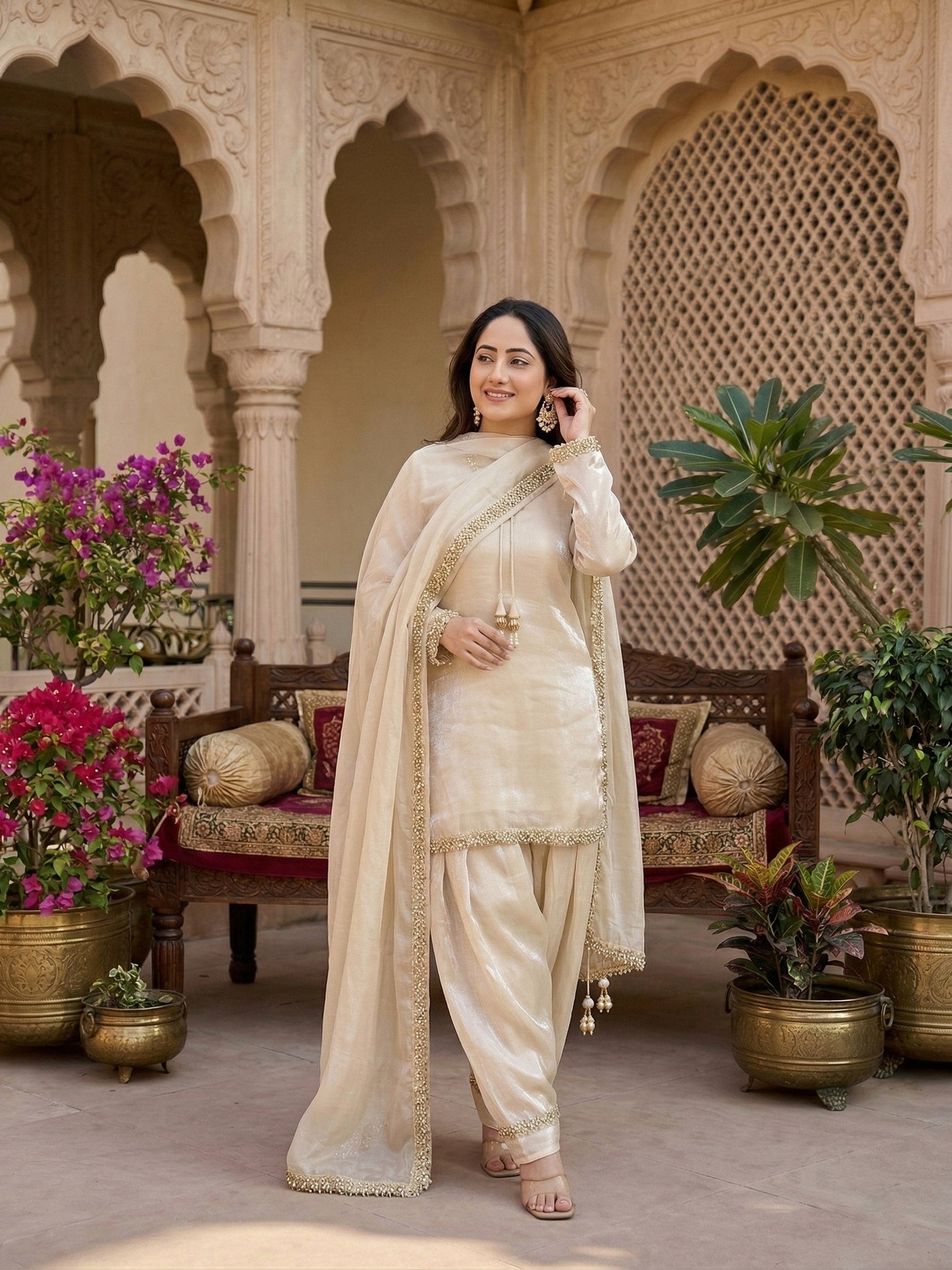 Off White Fendy Silk Mirror Work With Lace Border Suit Set 
