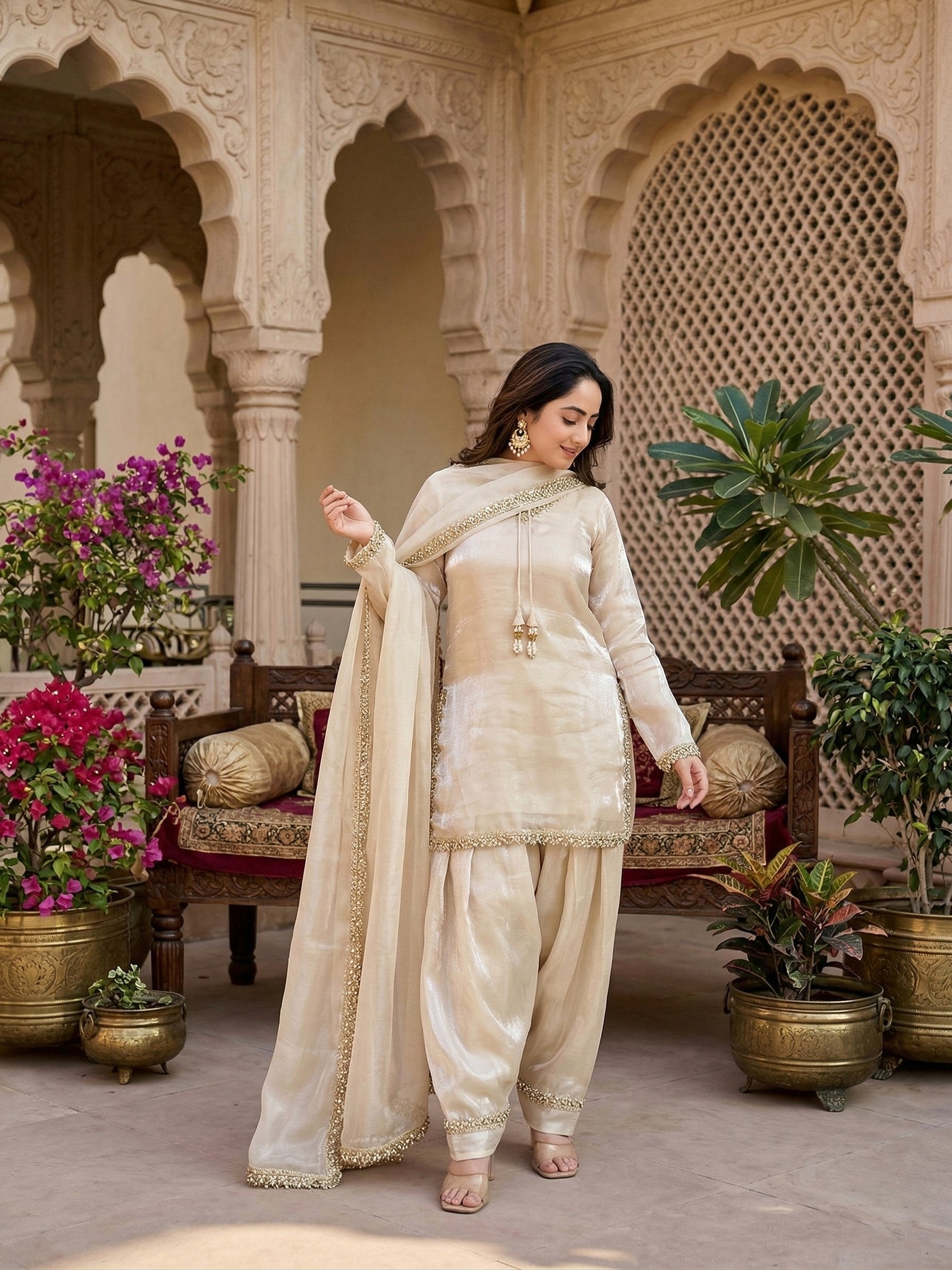 Off White Fendy Silk Mirror Work With Lace Border Suit Set 