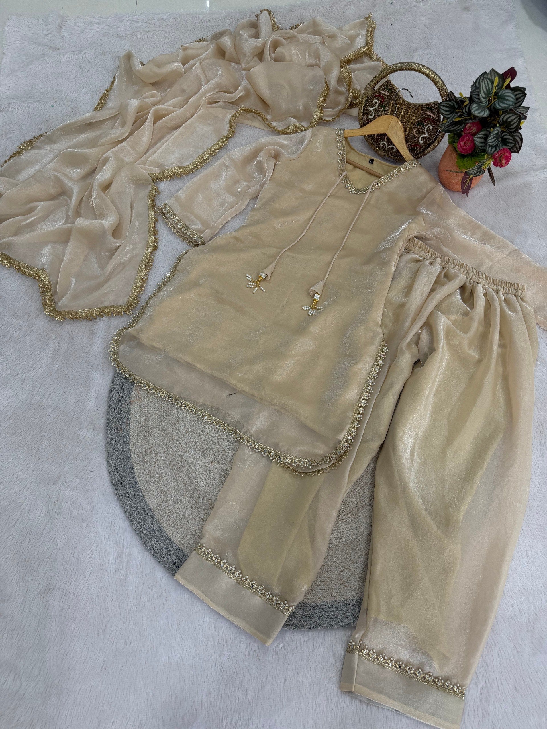 Off White Fendy Silk Mirror Work With Lace Border Suit Set 