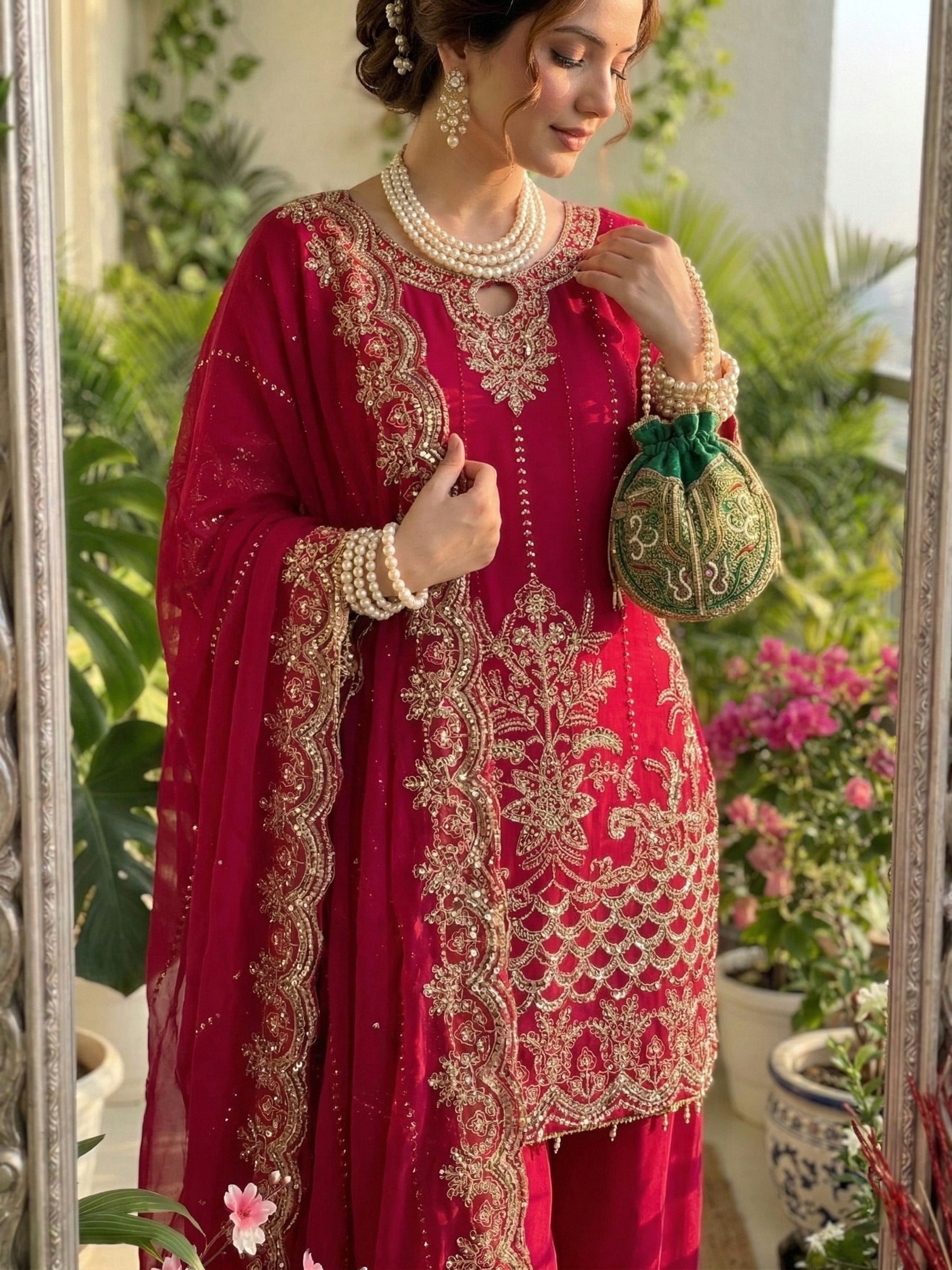 Dark Red Embroidery Sequins Work With Fancy Latkan Suit Set 