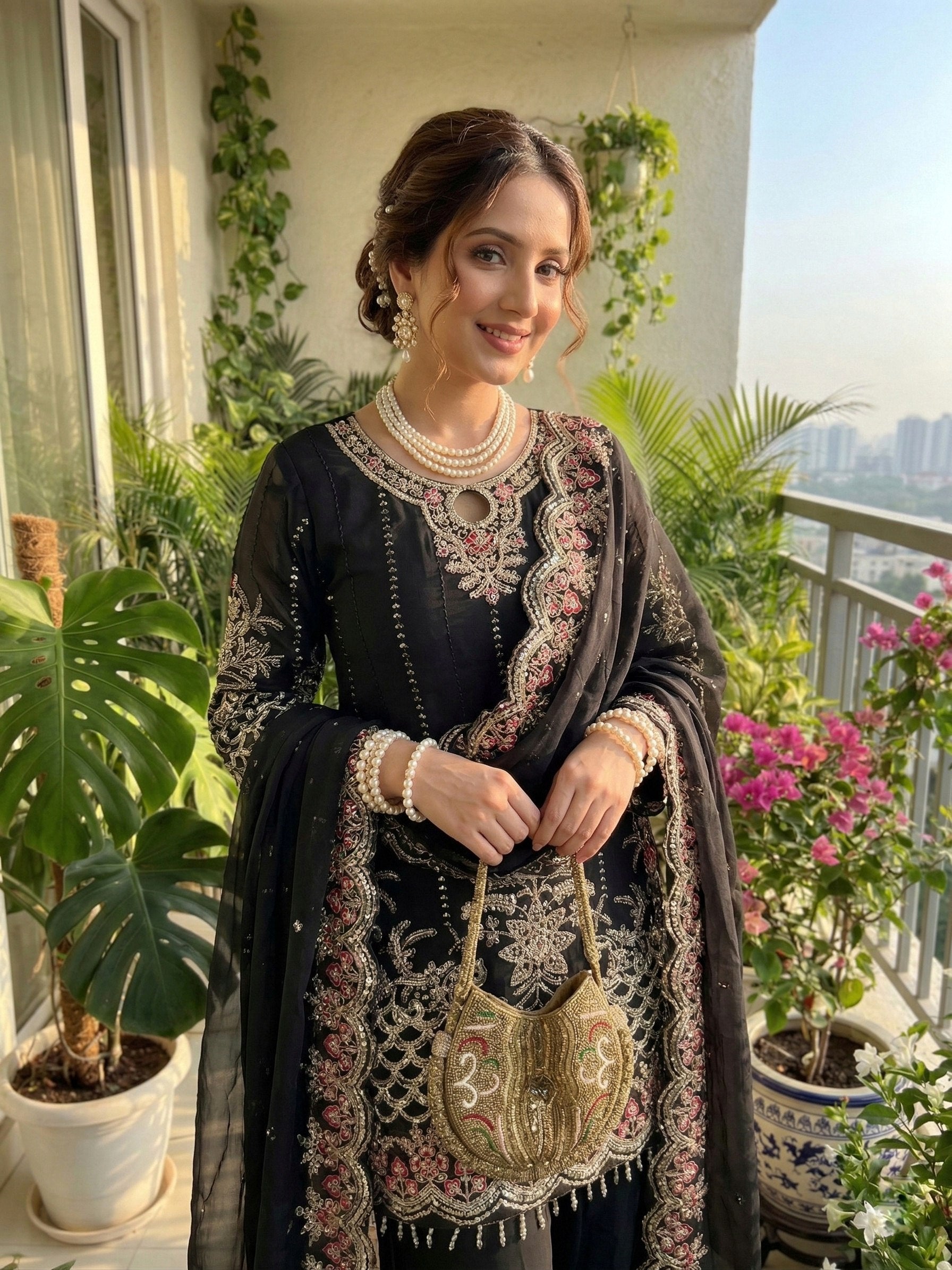 Black Embroidery Sequins Work With Fancy Latkan Suit Set