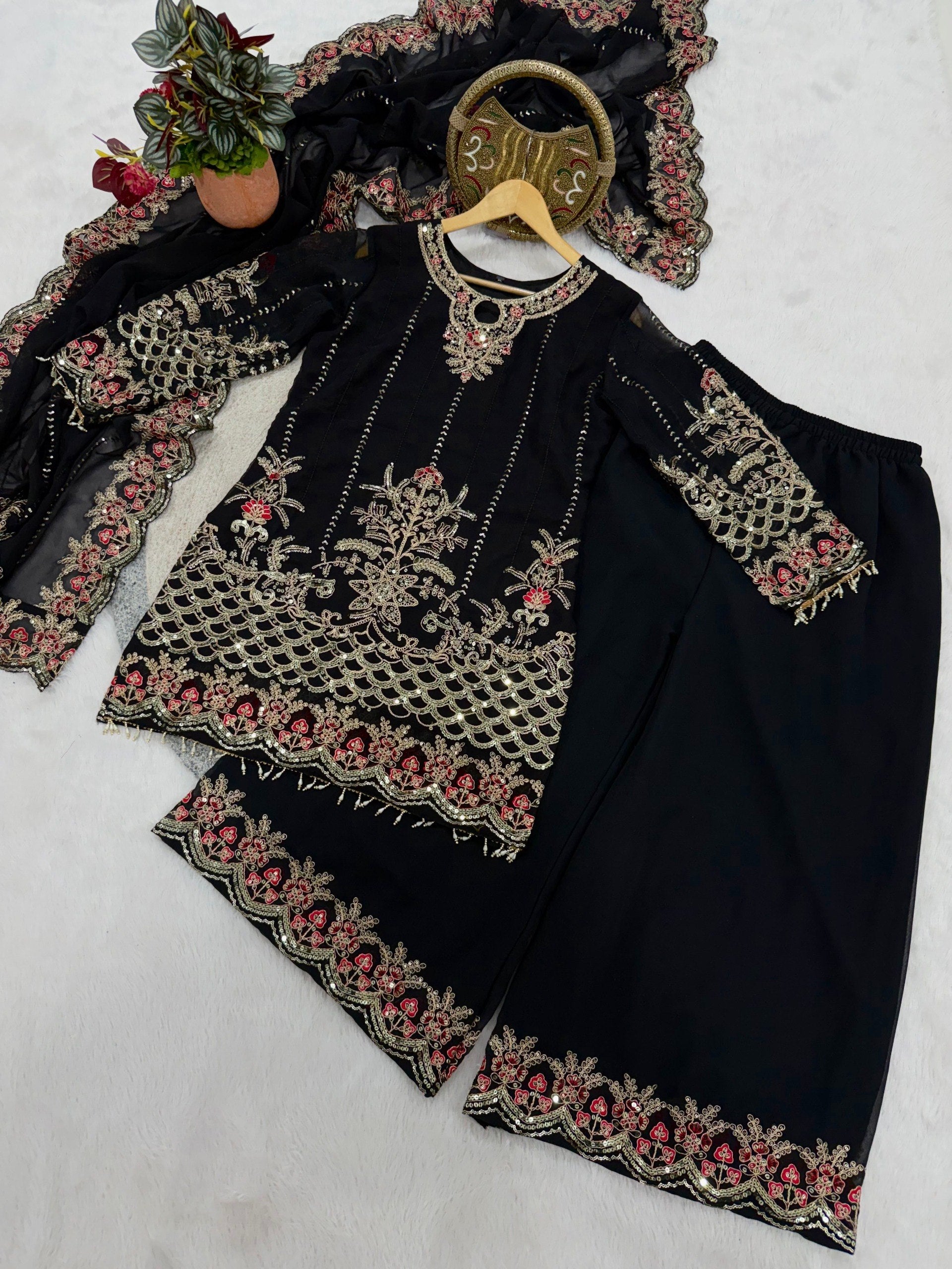 Black Embroidery Sequins Work With Fancy Latkan Suit Set
