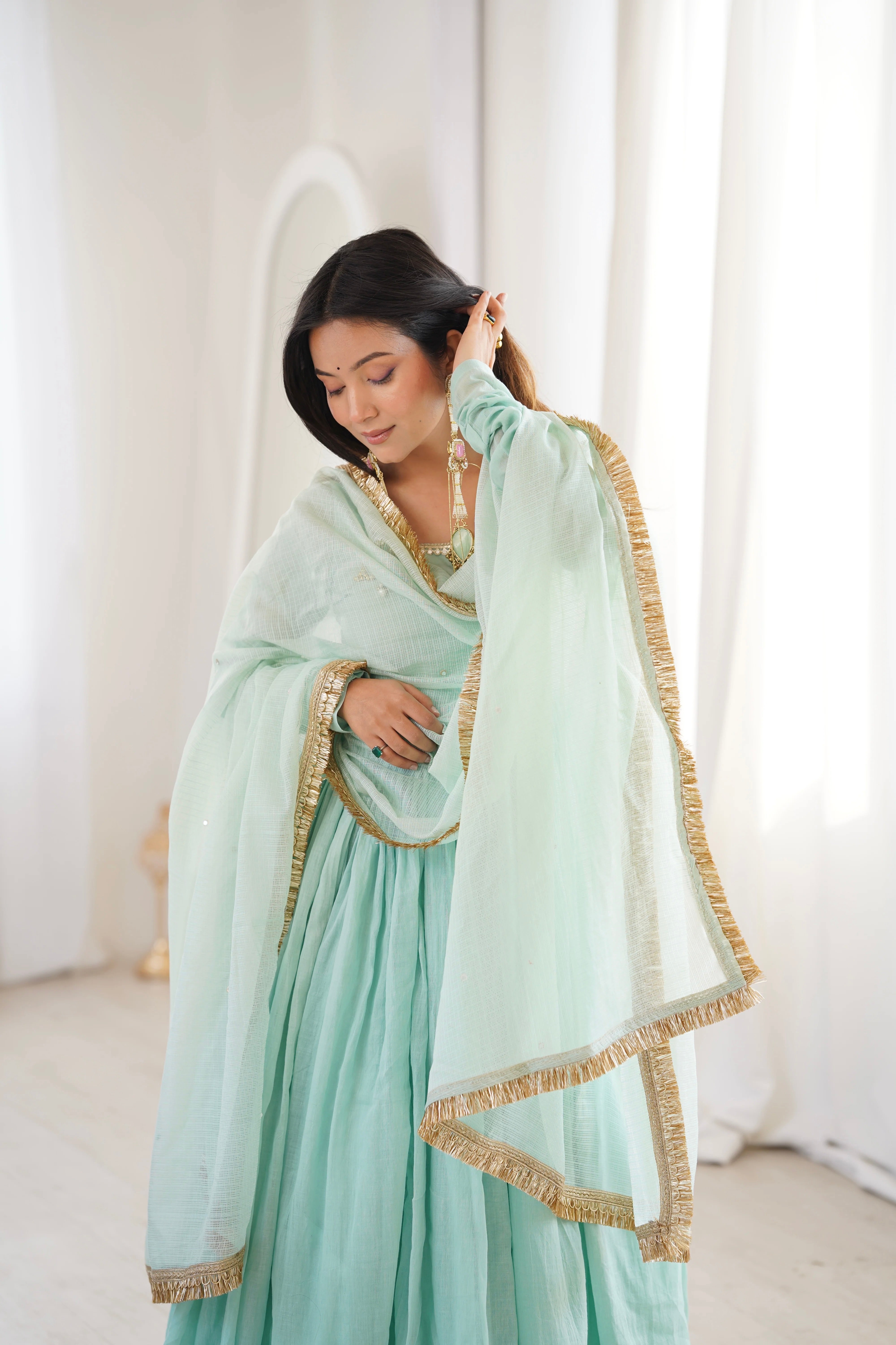 Mint Green Faux Georgette Mirror Lace Sequins Work Anarkali Suit 