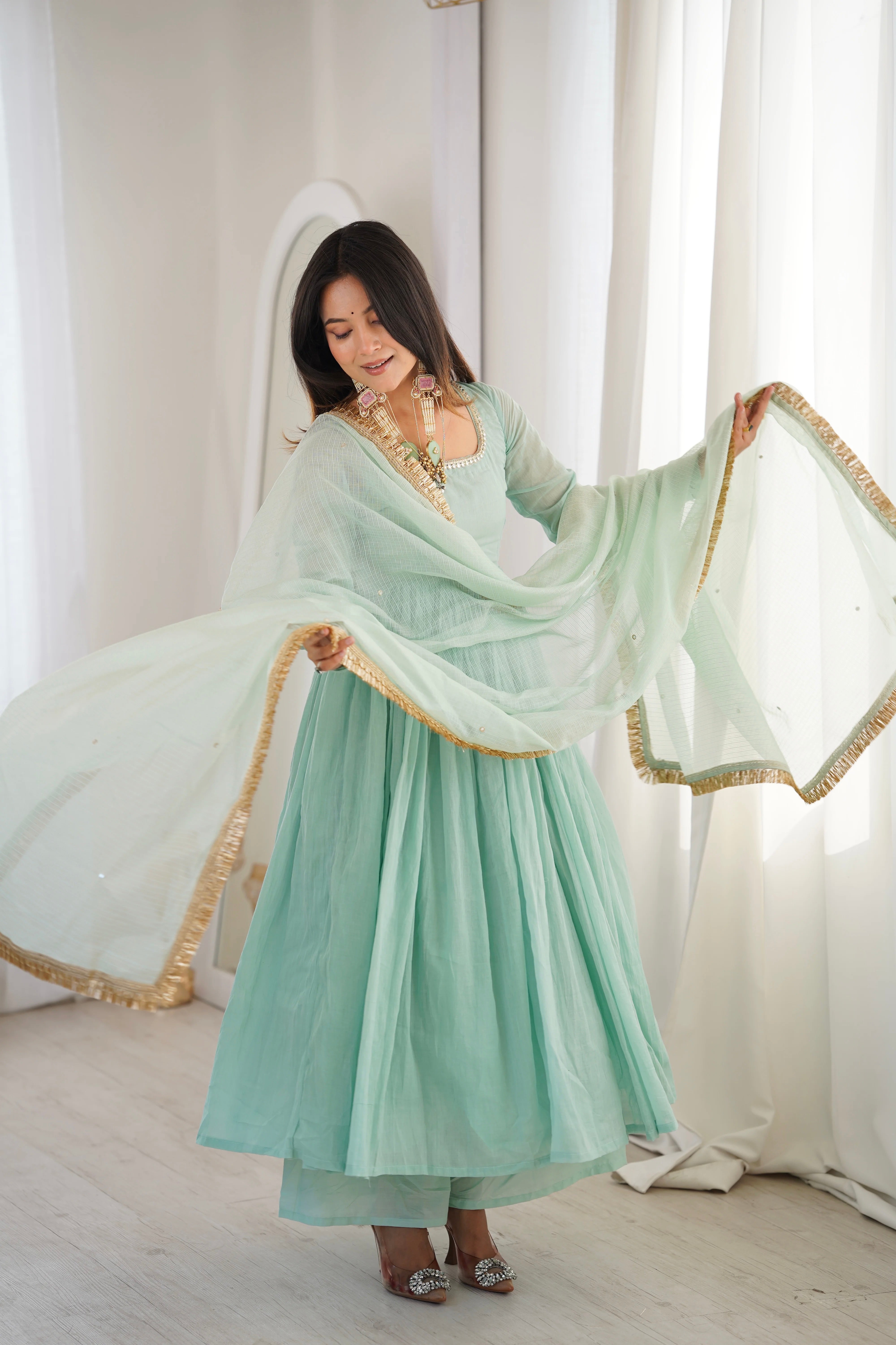 Mint Green Faux Georgette Mirror Lace Sequins Work Anarkali Suit 