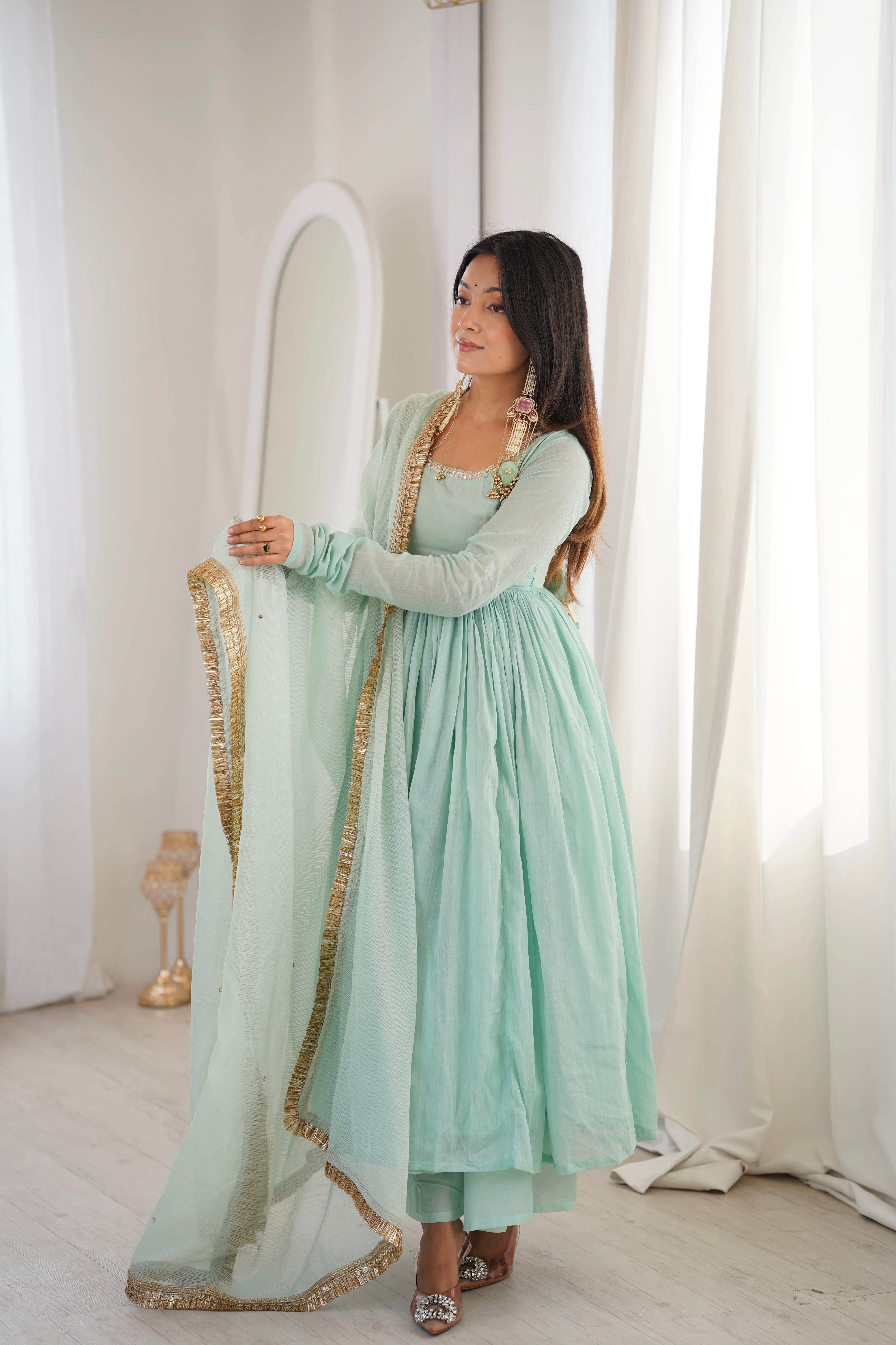 Mint Green Faux Georgette Mirror Lace Sequins Work Anarkali Suit 