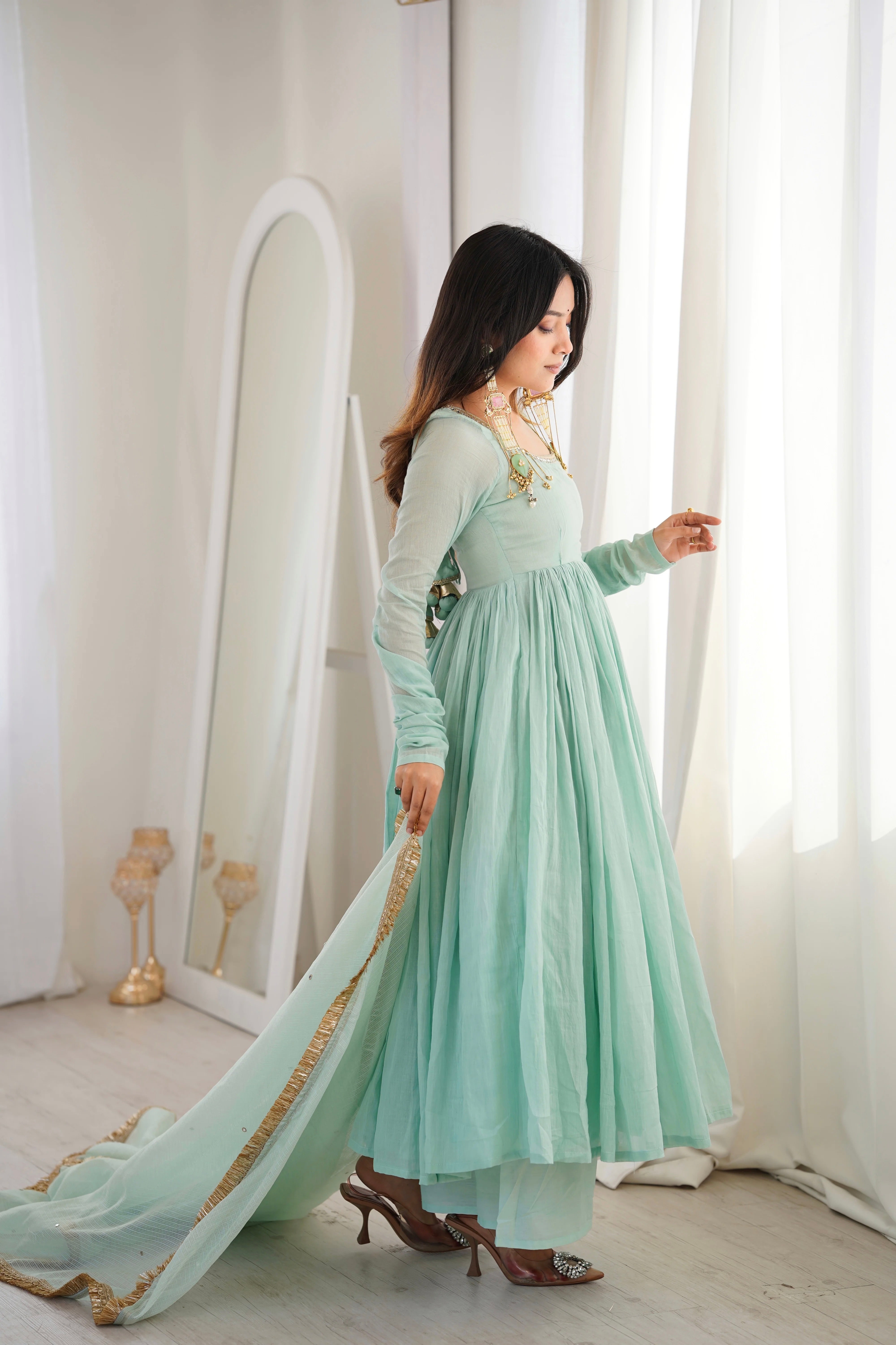 Mint Green Faux Georgette Mirror Lace Sequins Work Anarkali Suit 