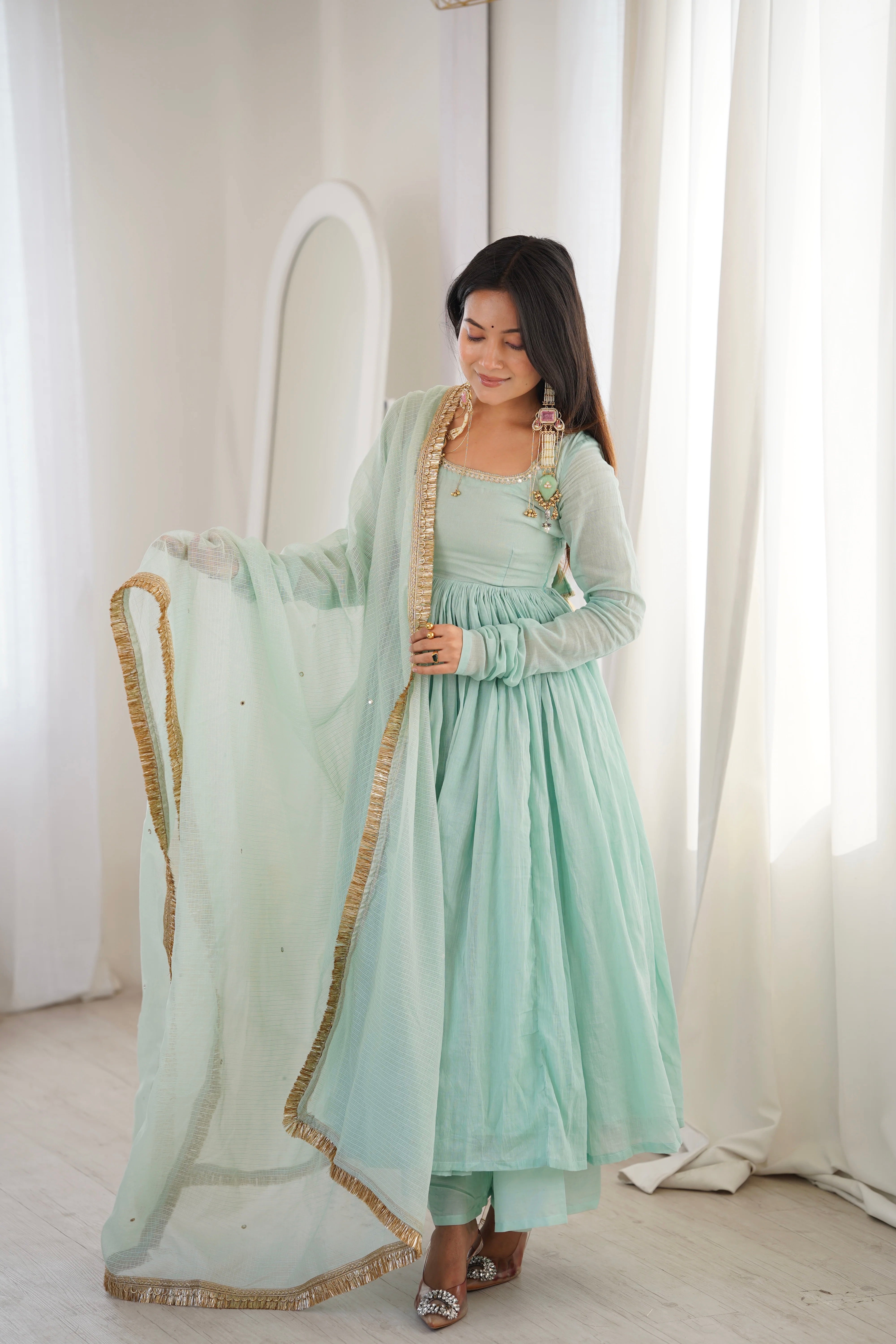 Mint Green Faux Georgette Mirror Lace Sequins Work Anarkali Suit 