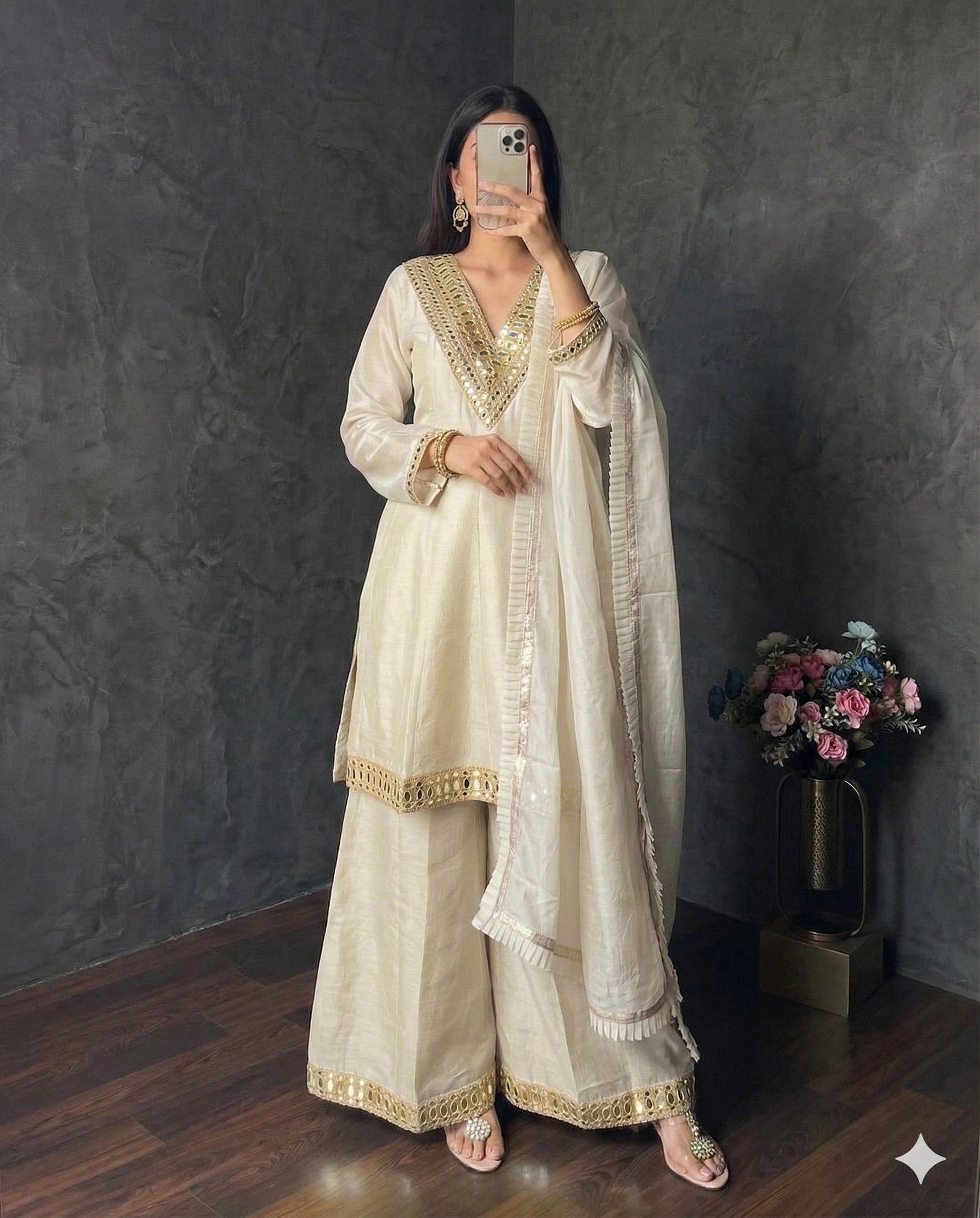 Off White Simmer Silk Embellishment Work of Mirror Suit Set
