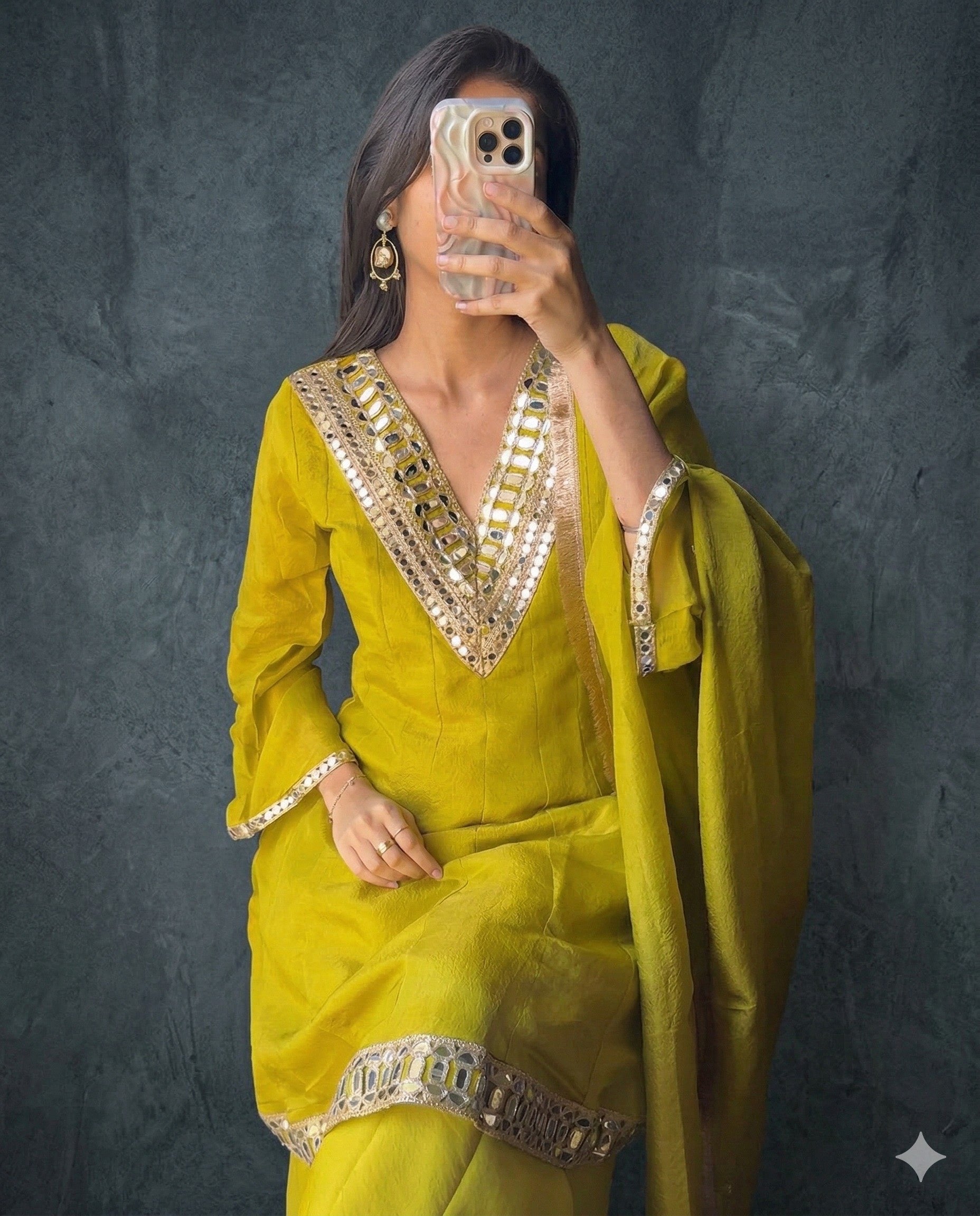 Mustard Simmer Silk Embellishment Work of Mirror Suit Set 