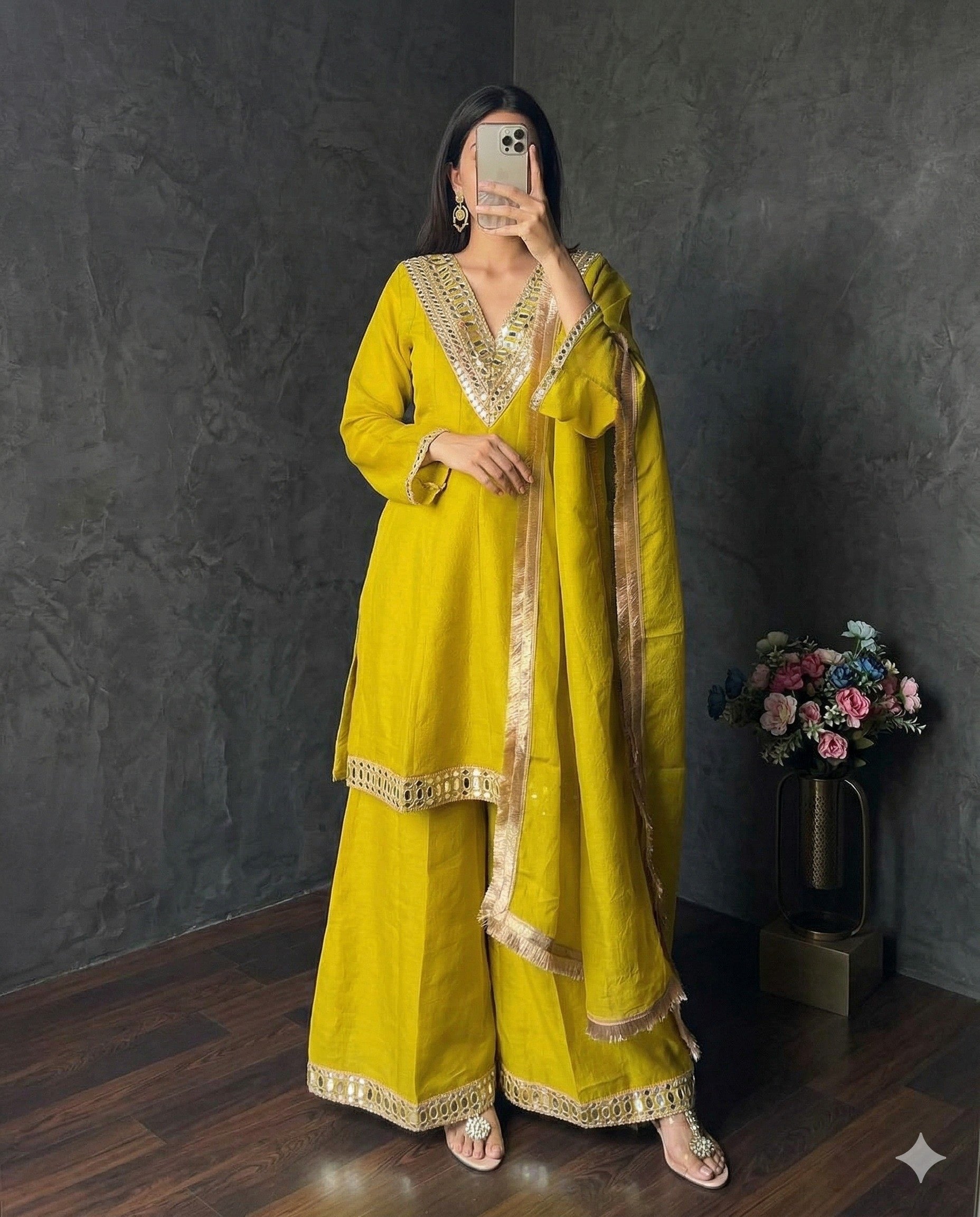 Mustard Simmer Silk Embellishment Work of Mirror Suit Set 
