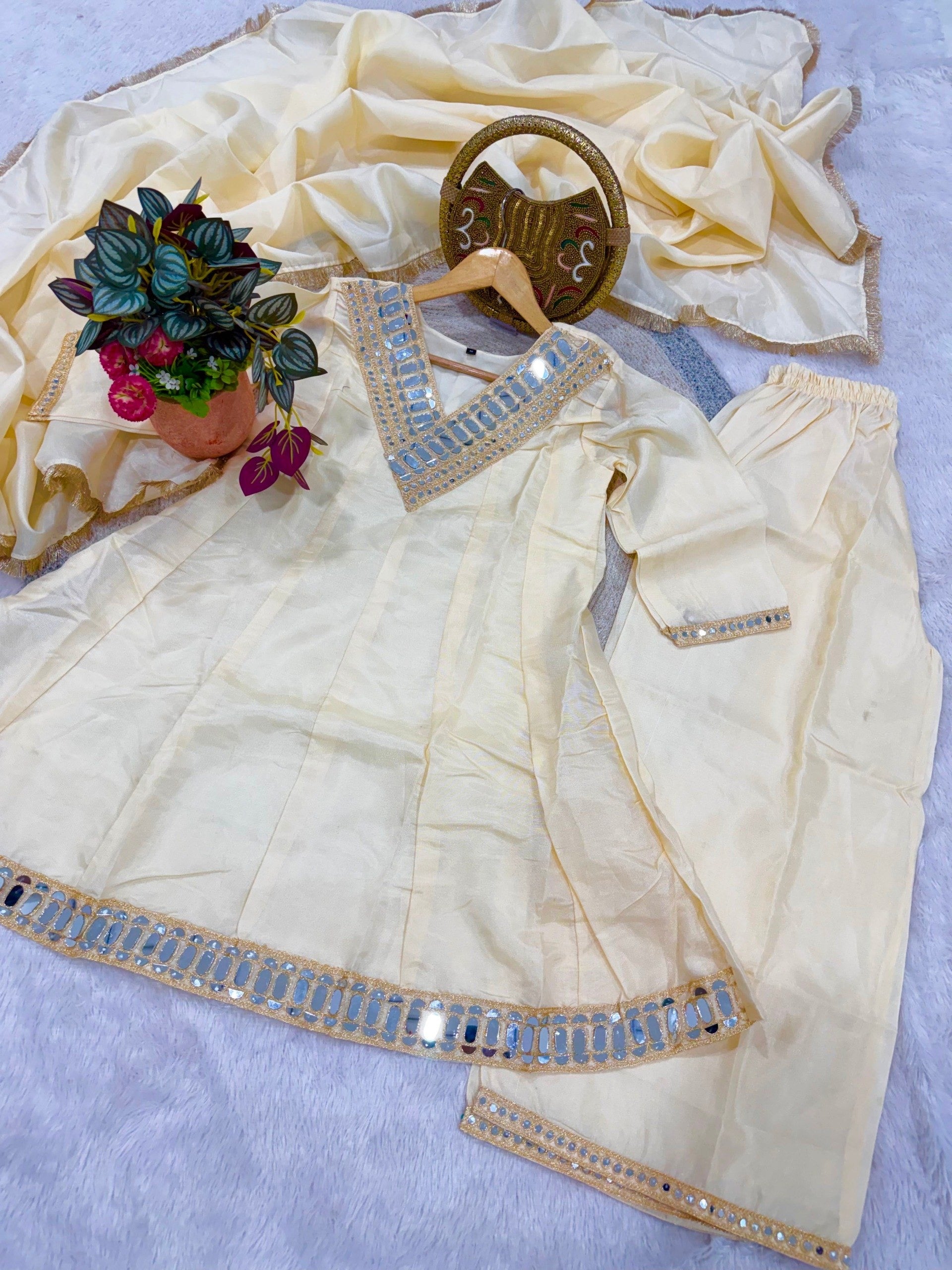 Off White Simmer Silk Embellishment Work of Mirror Suit Set