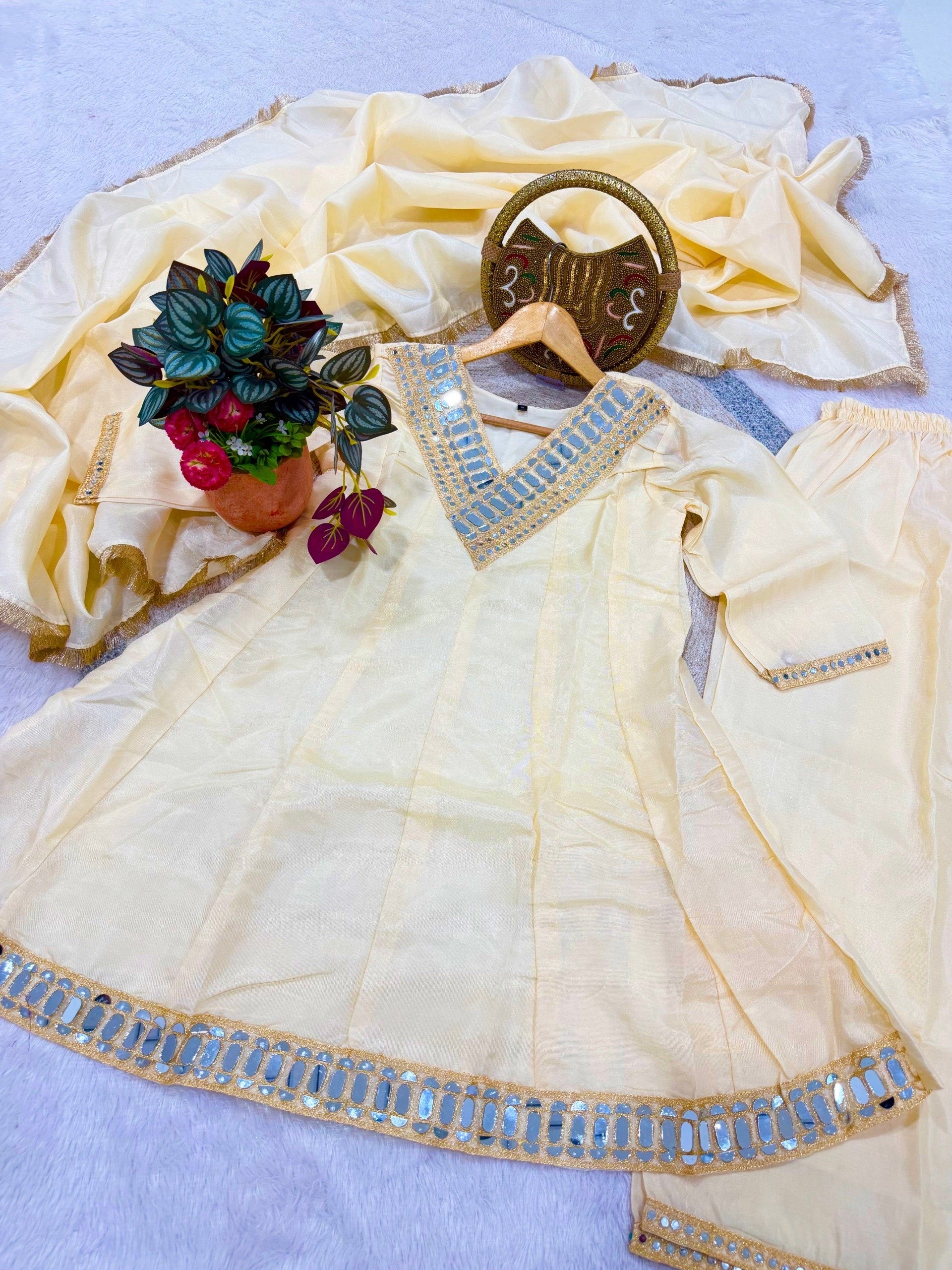 Off White Simmer Silk Embellishment Work of Mirror Suit Set