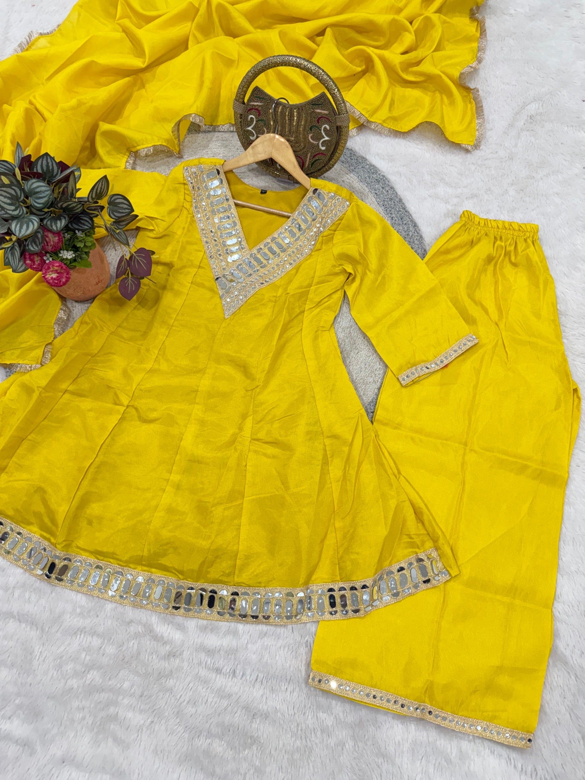 Mustard Simmer Silk Embellishment Work of Mirror Suit Set 