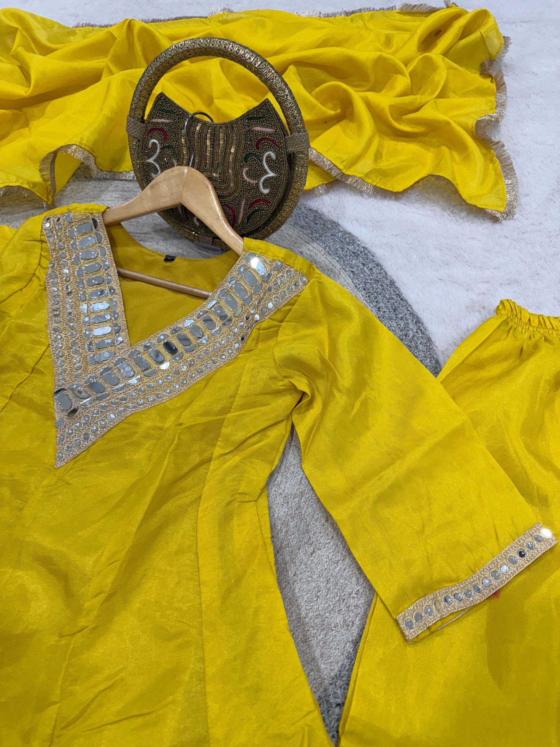 Mustard Simmer Silk Embellishment Work of Mirror Suit Set 