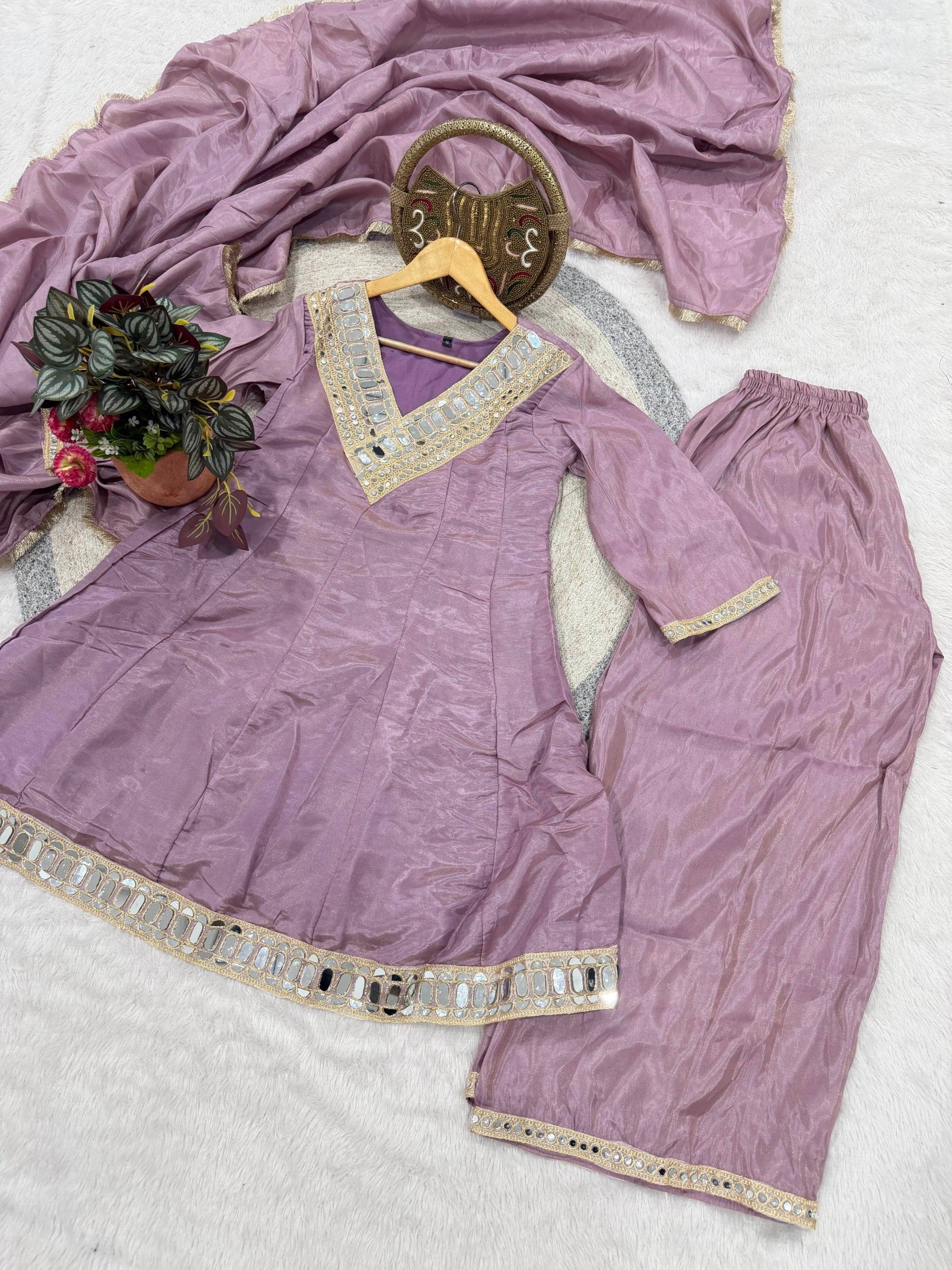 Light Pink Simmer Silk Embellishment Work of Mirror Suit Set