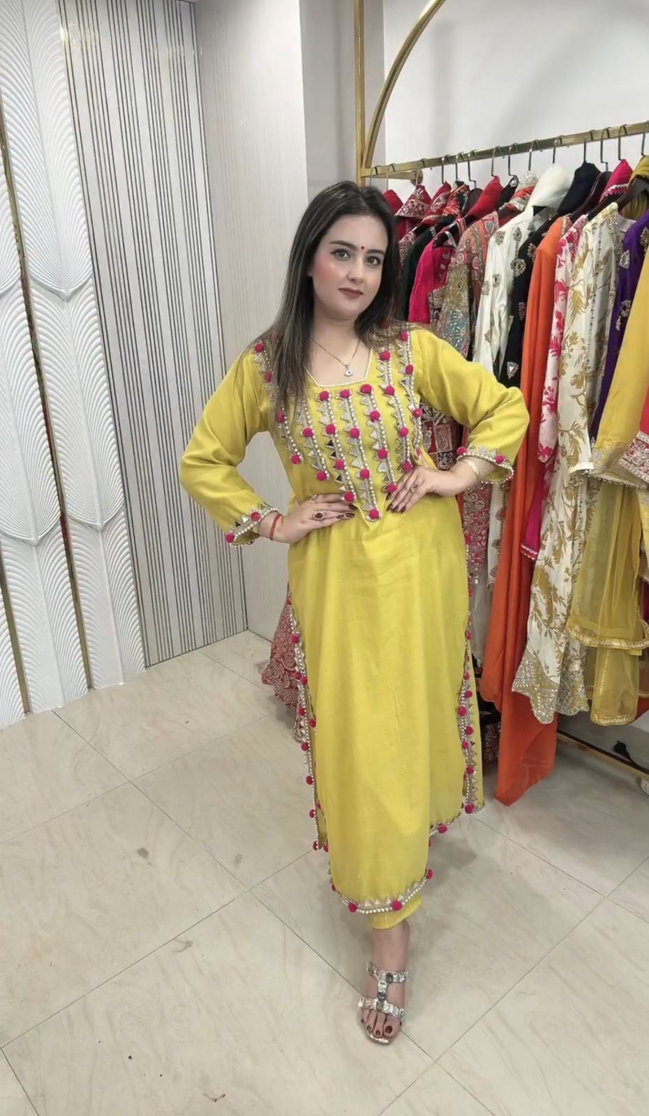 Mustard Yellow Heavy Chanderi Mirror Work Set 