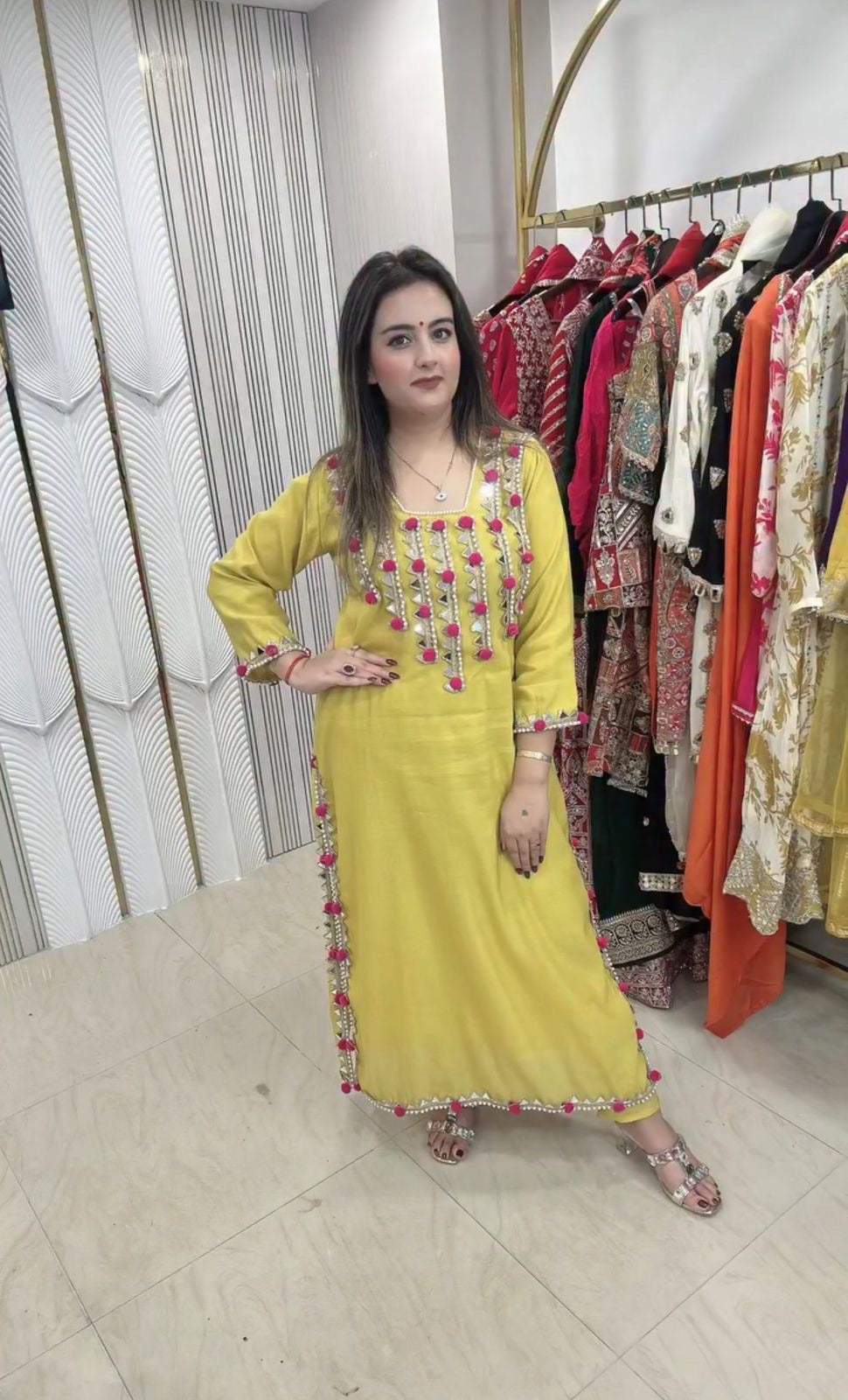 Mustard Yellow Heavy Chanderi Mirror Work Set 