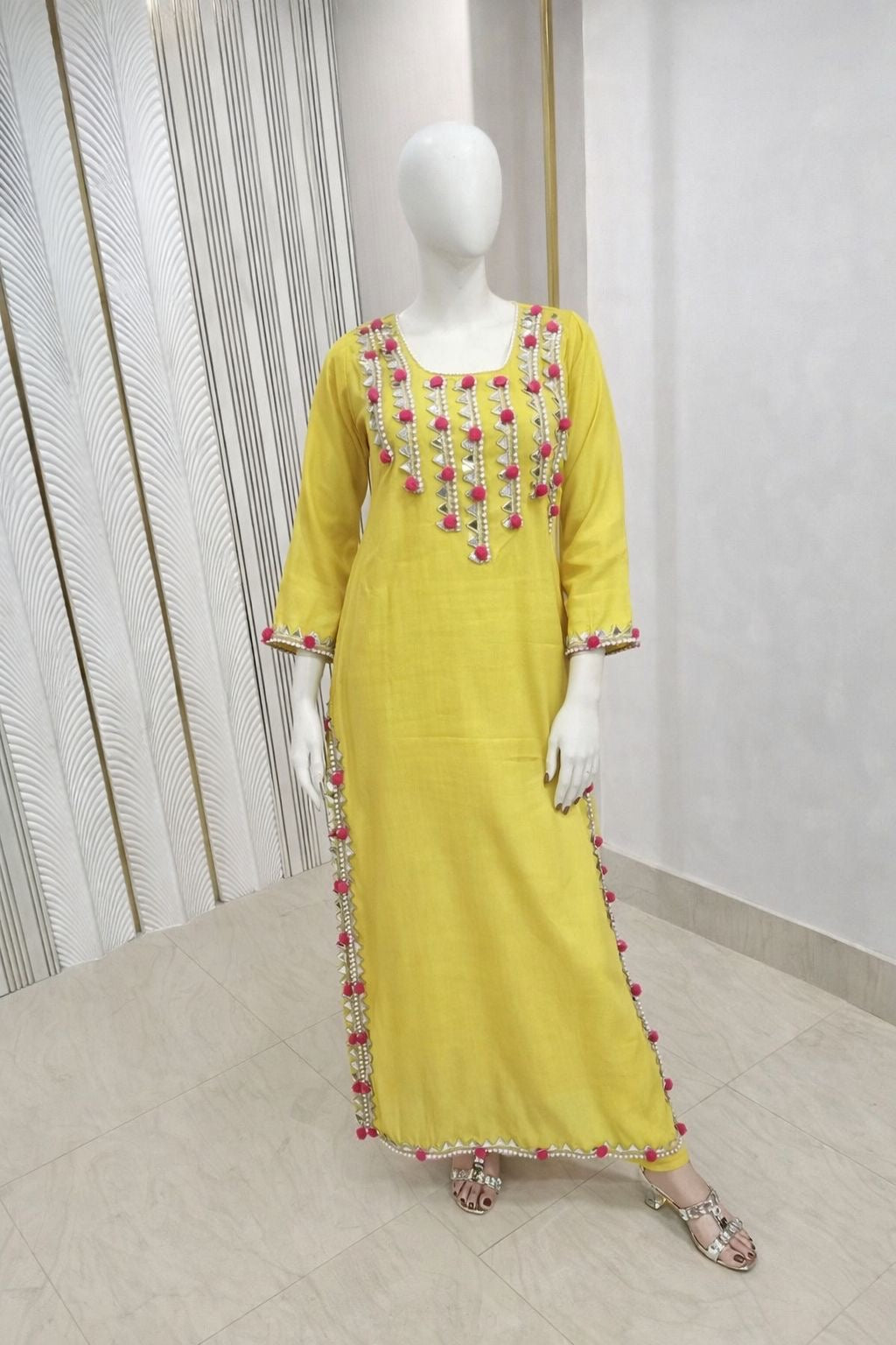 Mustard Yellow Heavy Chanderi Mirror Work Set 