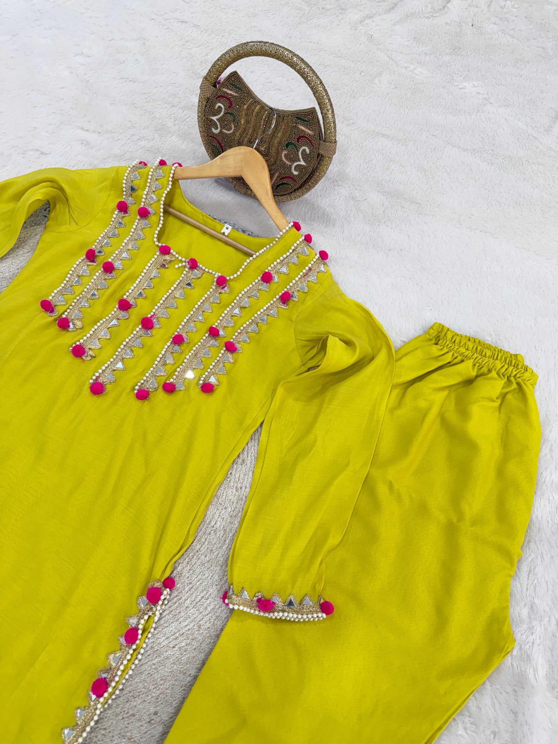Mustard Yellow Heavy Chanderi Mirror Work Set 