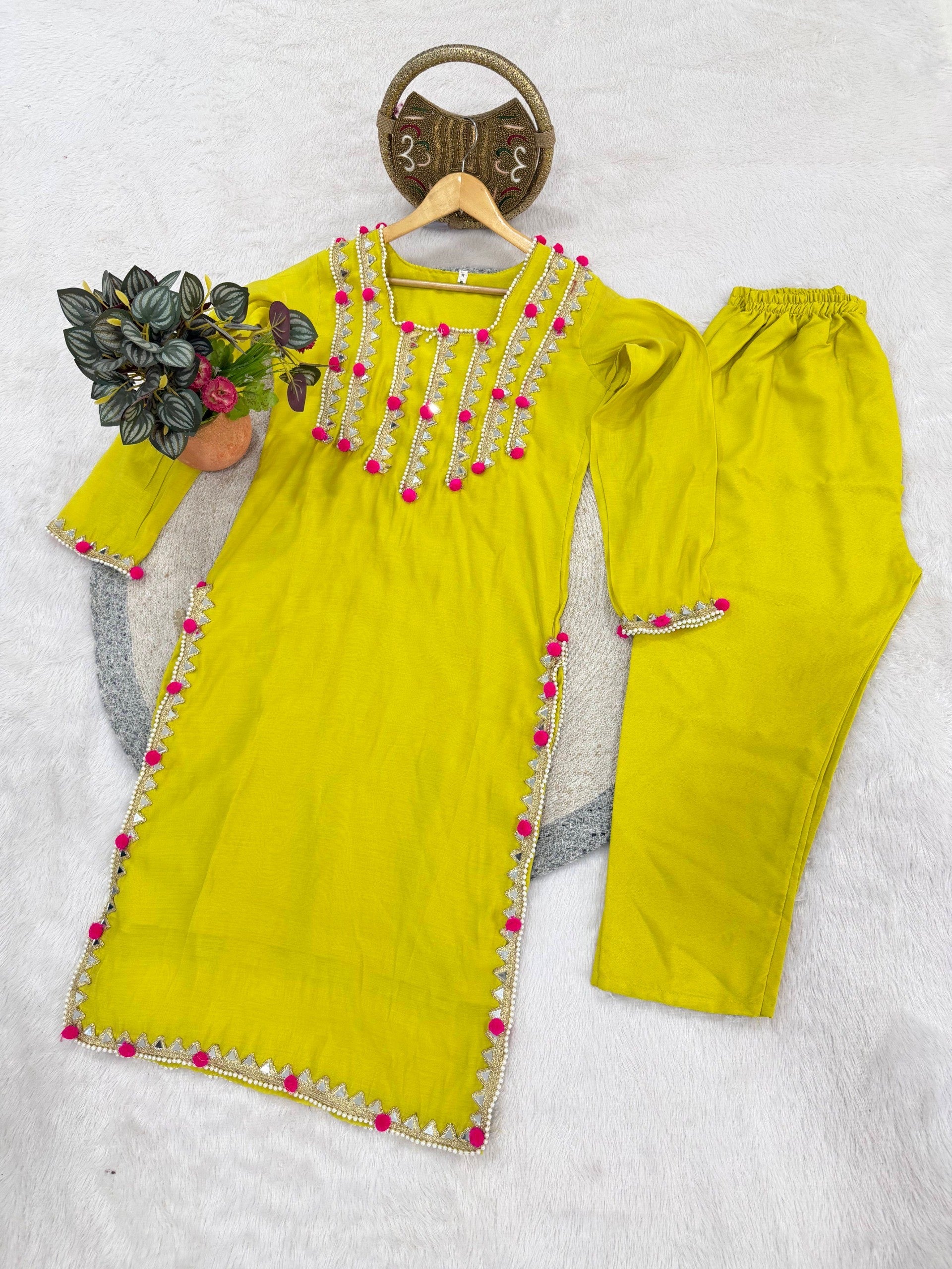 Mustard Yellow Heavy Chanderi Mirror Work Set 