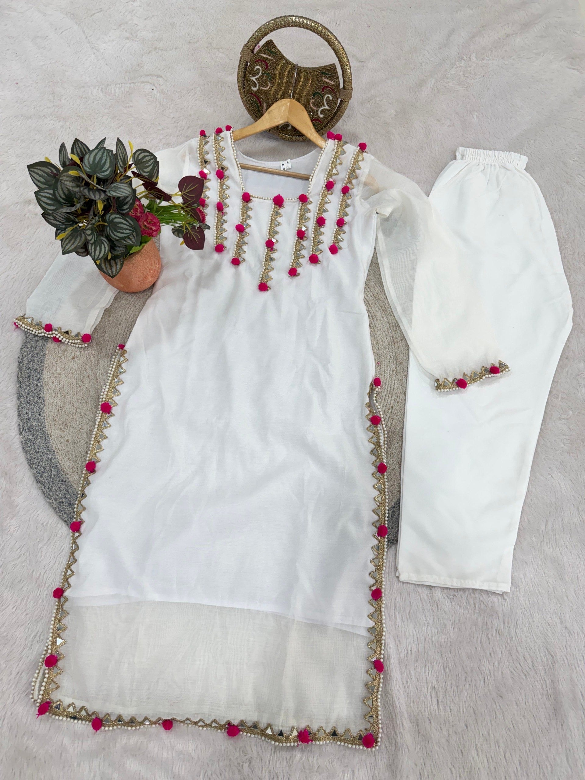 White Heavy Chanderi Mirror Work Set