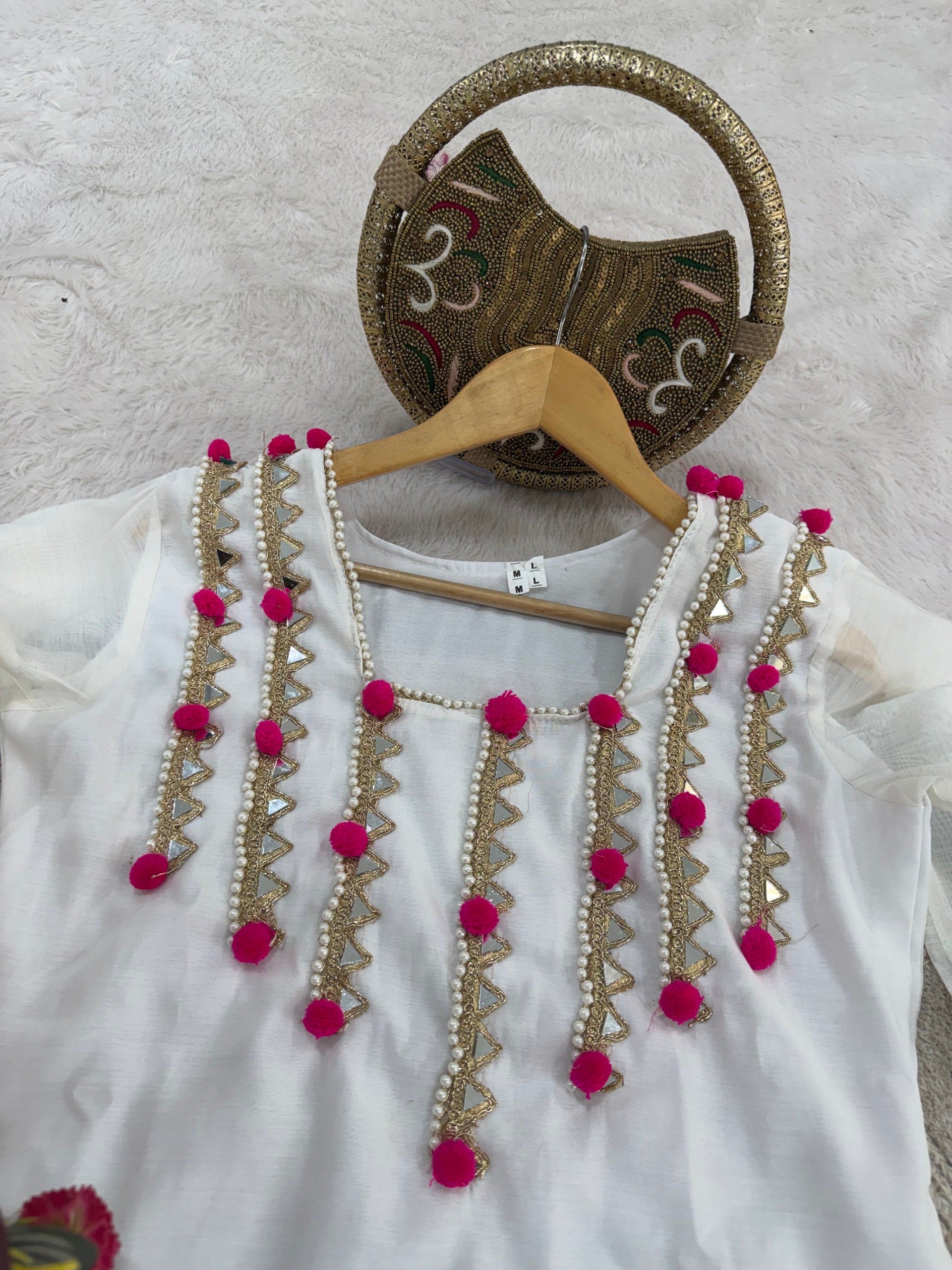 White Heavy Chanderi Mirror Work Set