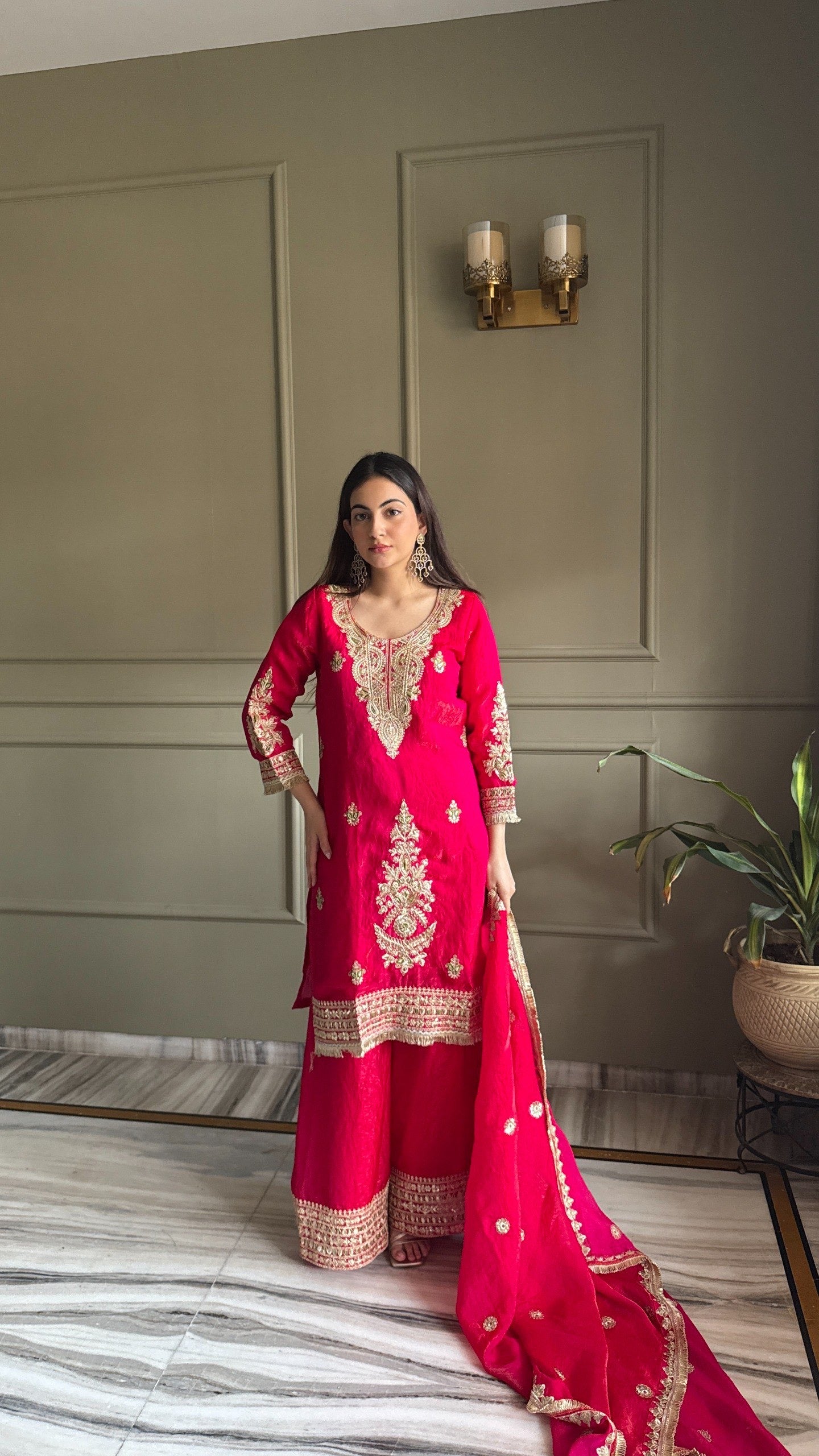 Red Fendi Satin Embroidery Work Suit Set 