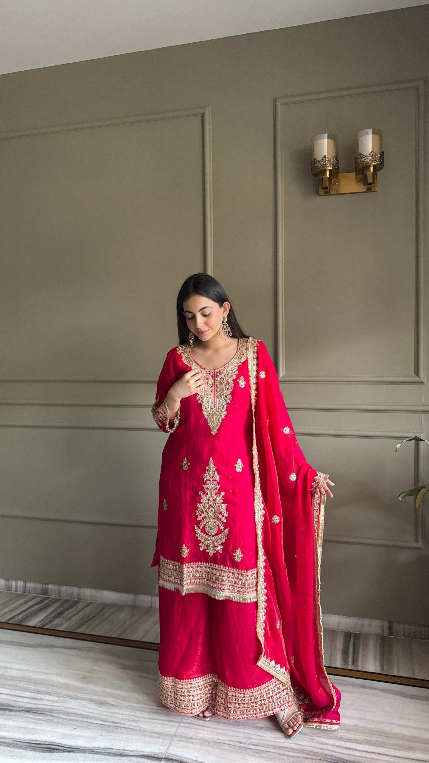 Red Fendi Satin Embroidery Work Suit Set 