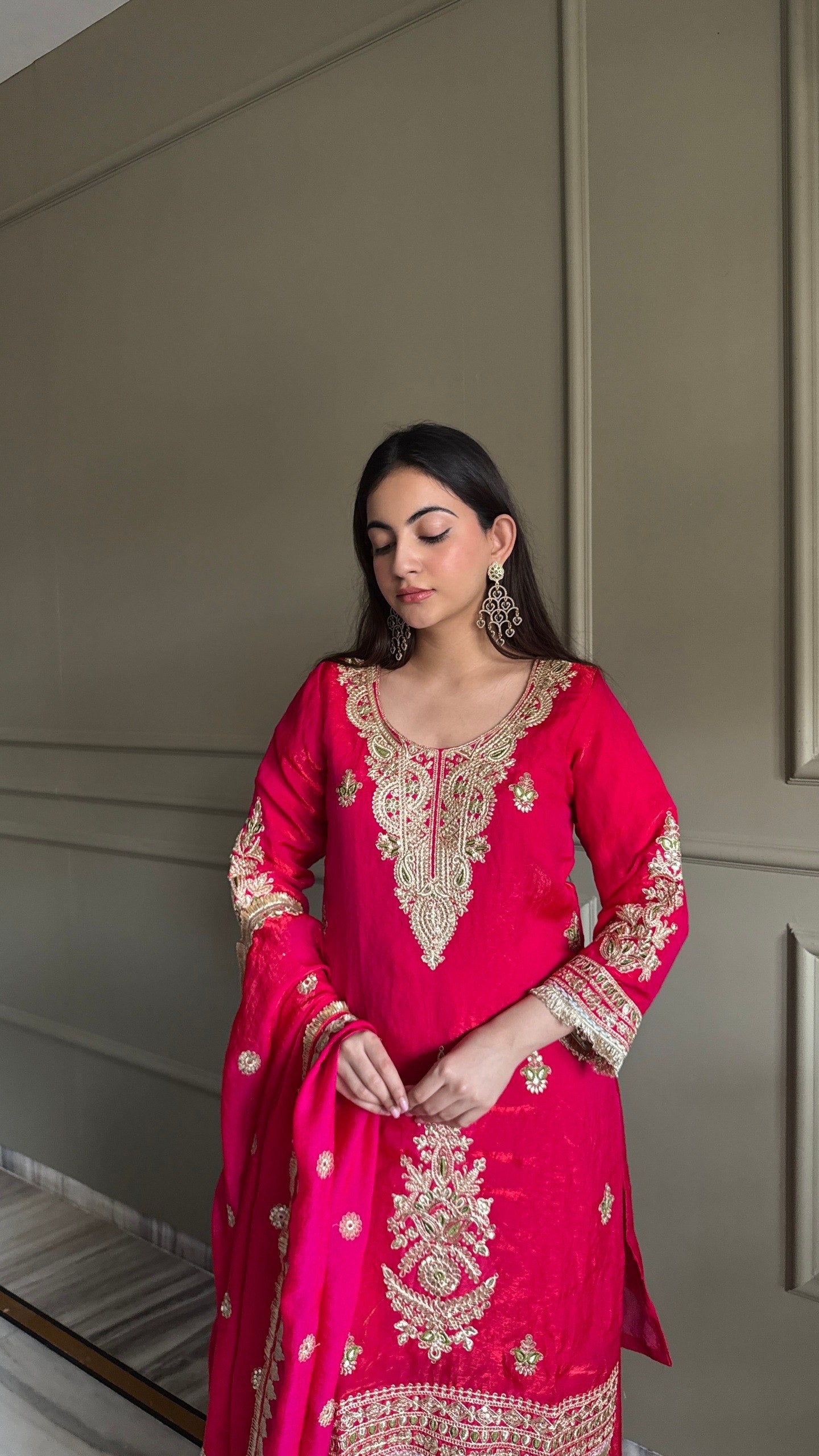 Red Fendi Satin Embroidery Work Suit Set 