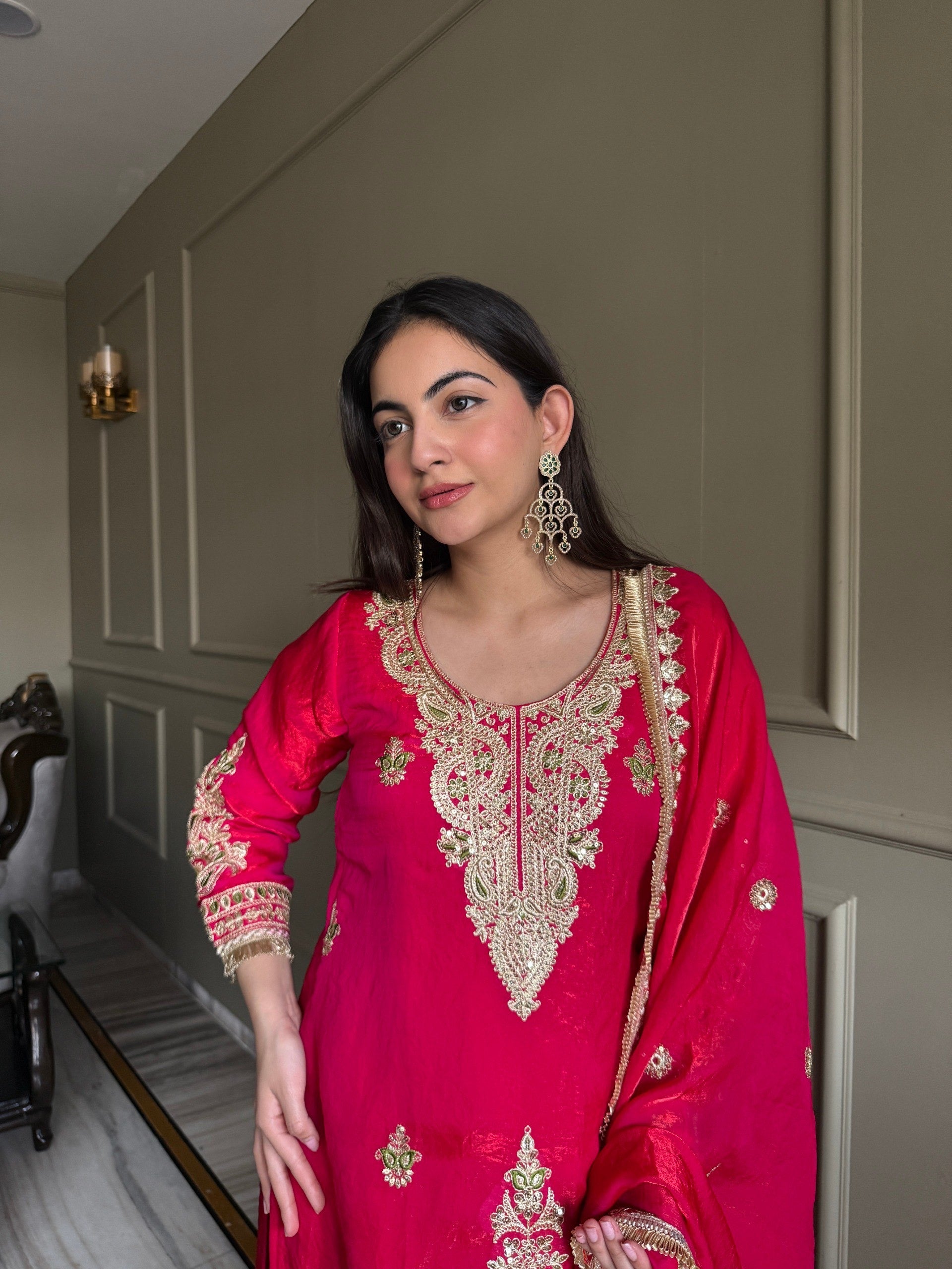 Red Fendi Satin Embroidery Work Suit Set 