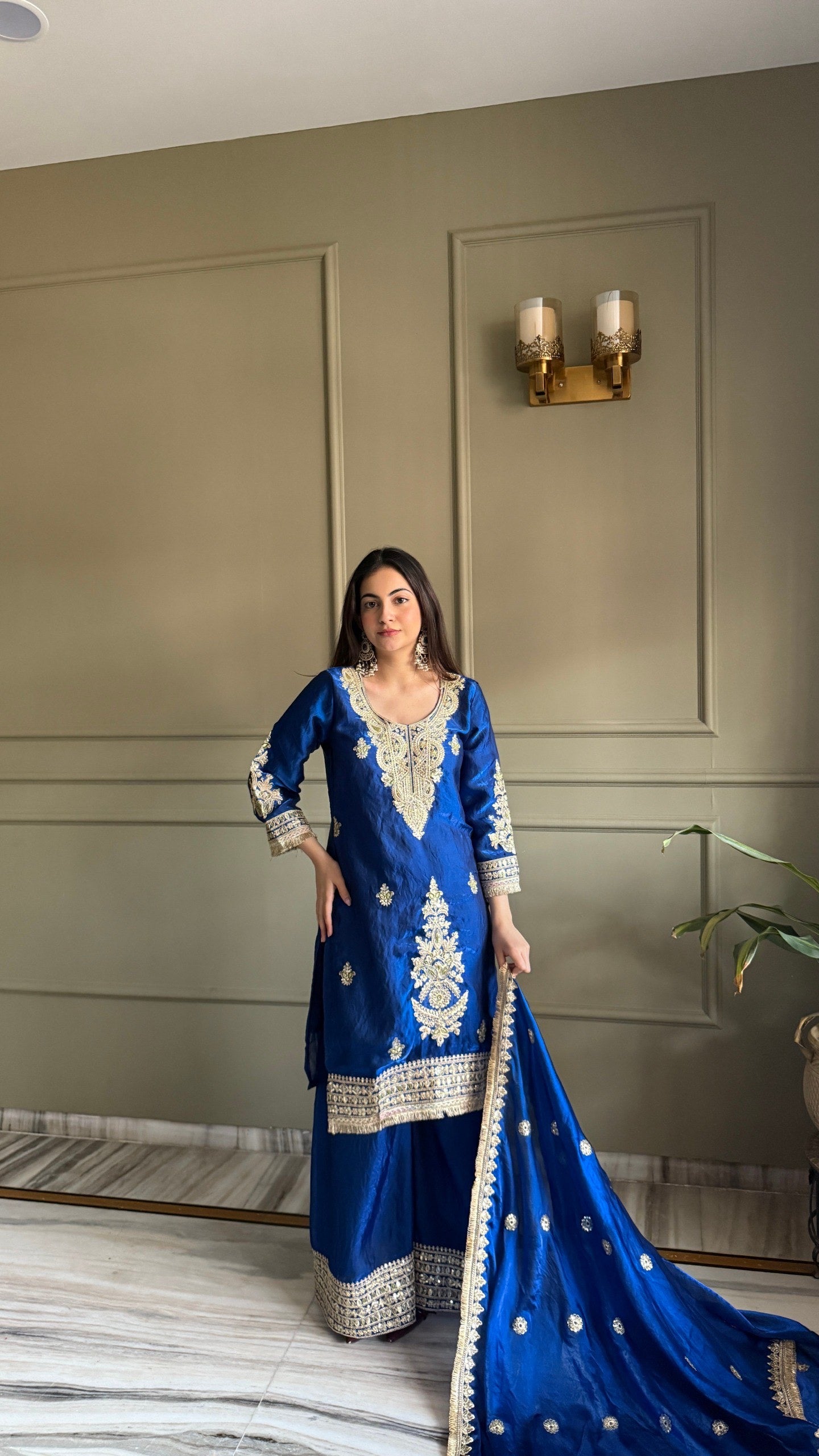 Dark Blue Fendi Satin Embroidery Work Suit Set