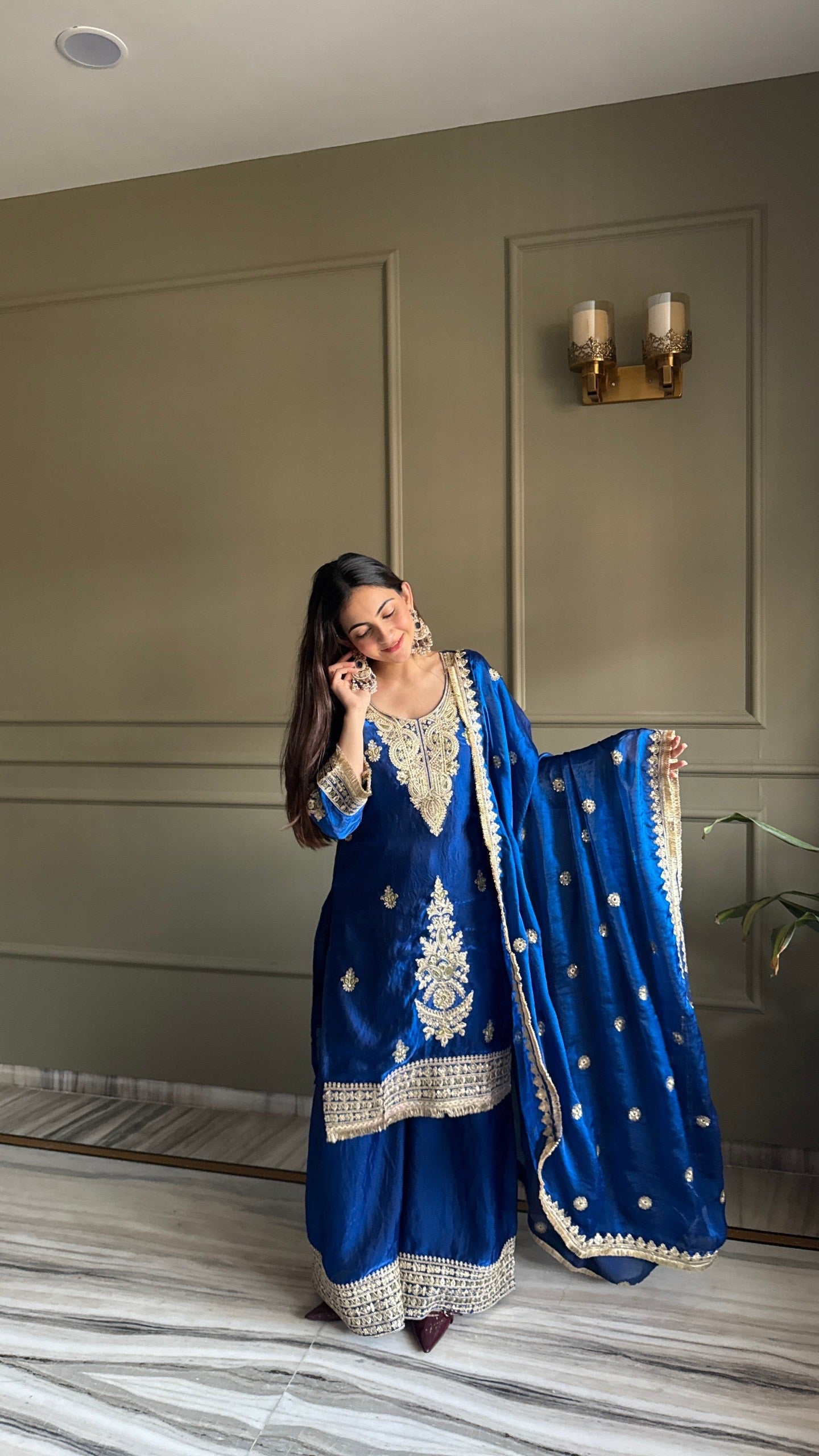 Dark Blue Fendi Satin Embroidery Work Suit Set