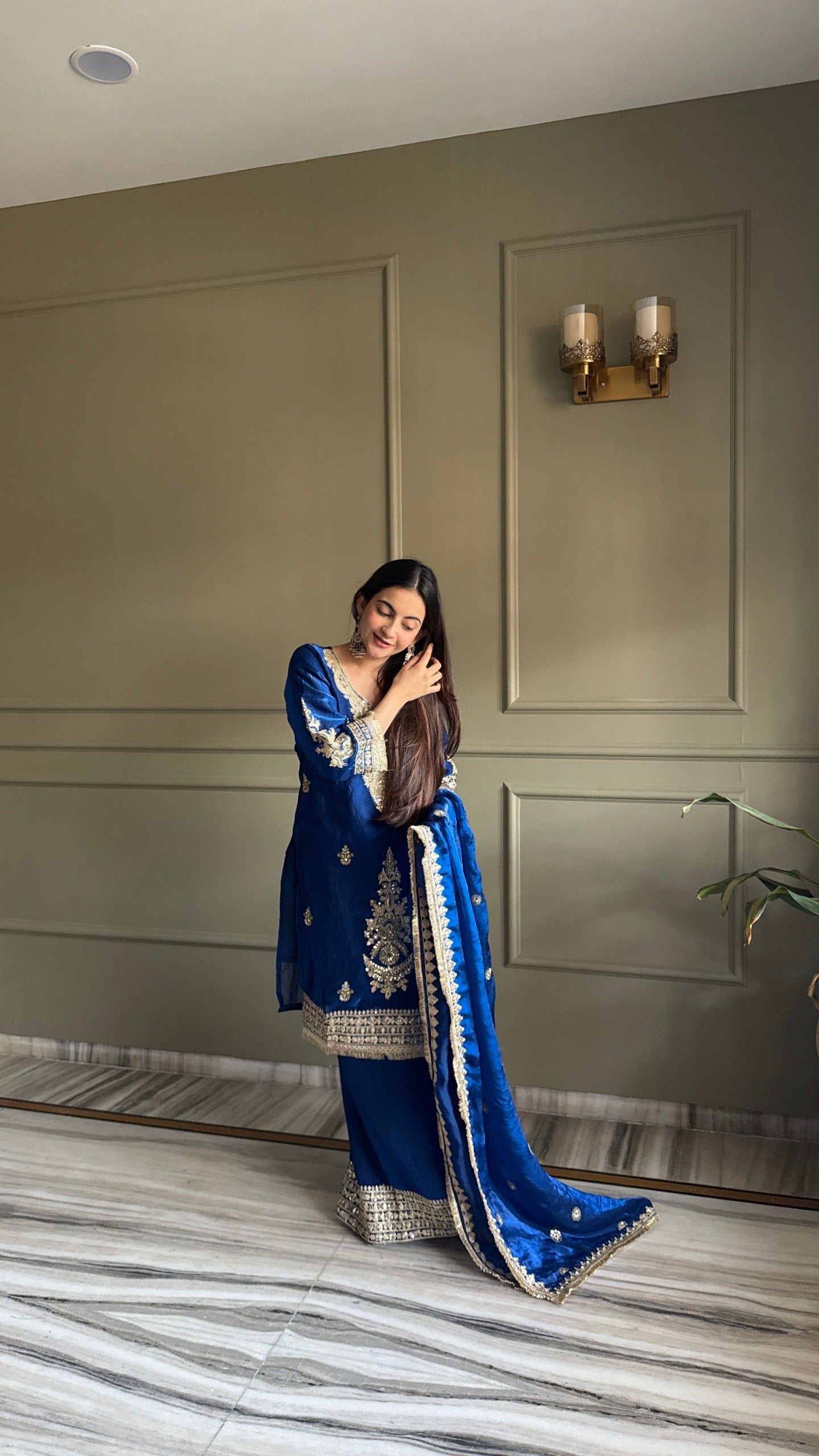 Dark Blue Fendi Satin Embroidery Work Suit Set