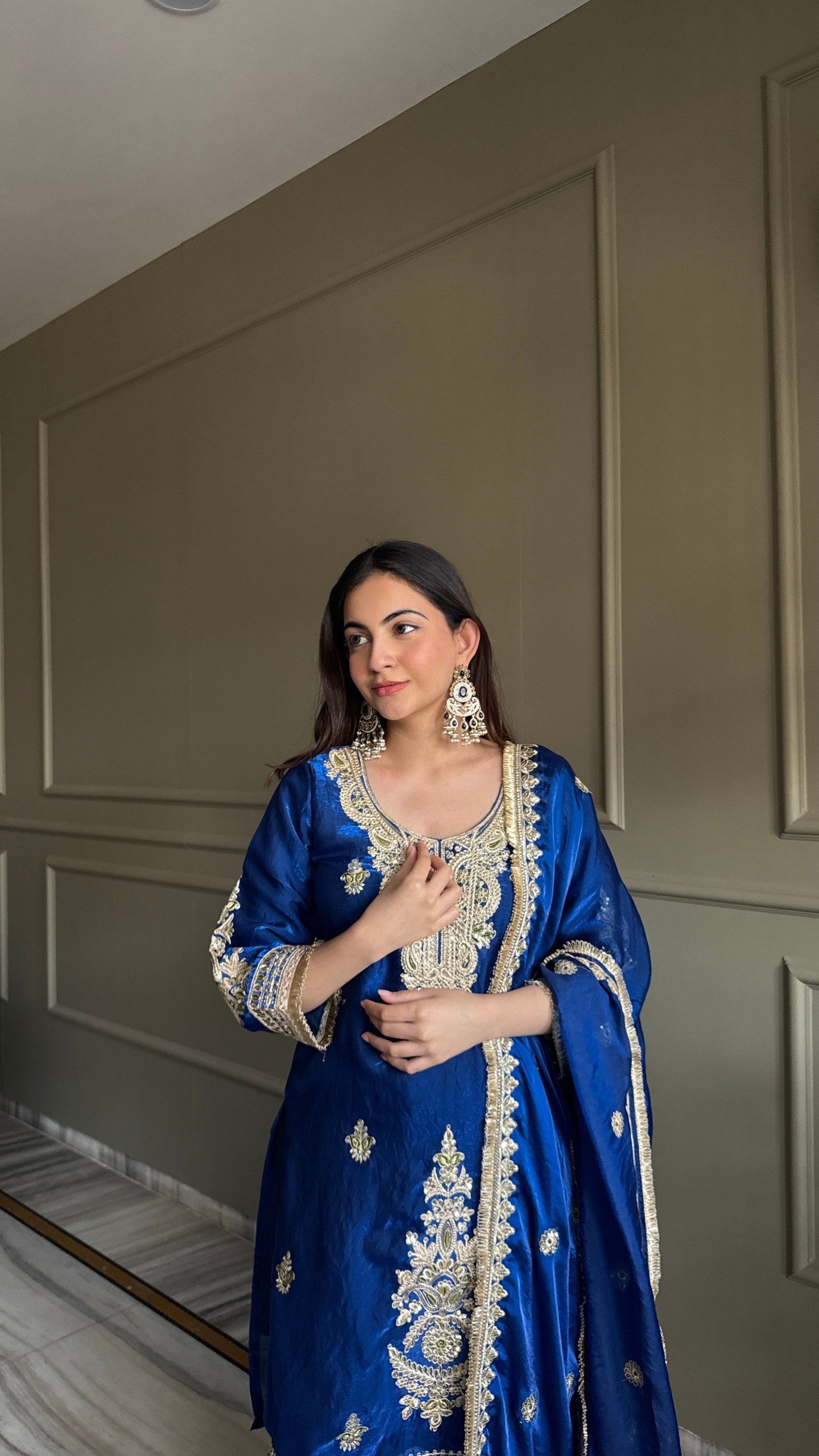 Dark Blue Fendi Satin Embroidery Work Suit Set