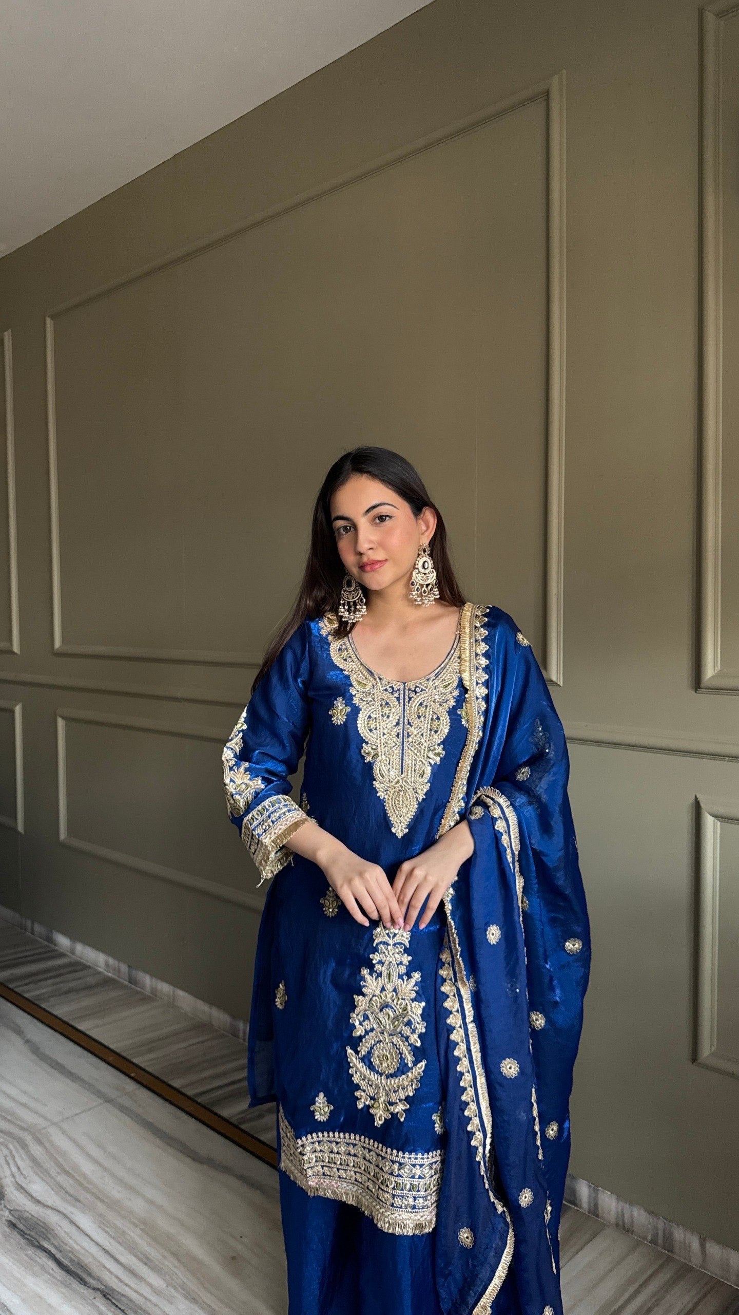 Dark Blue Fendi Satin Embroidery Work Suit Set