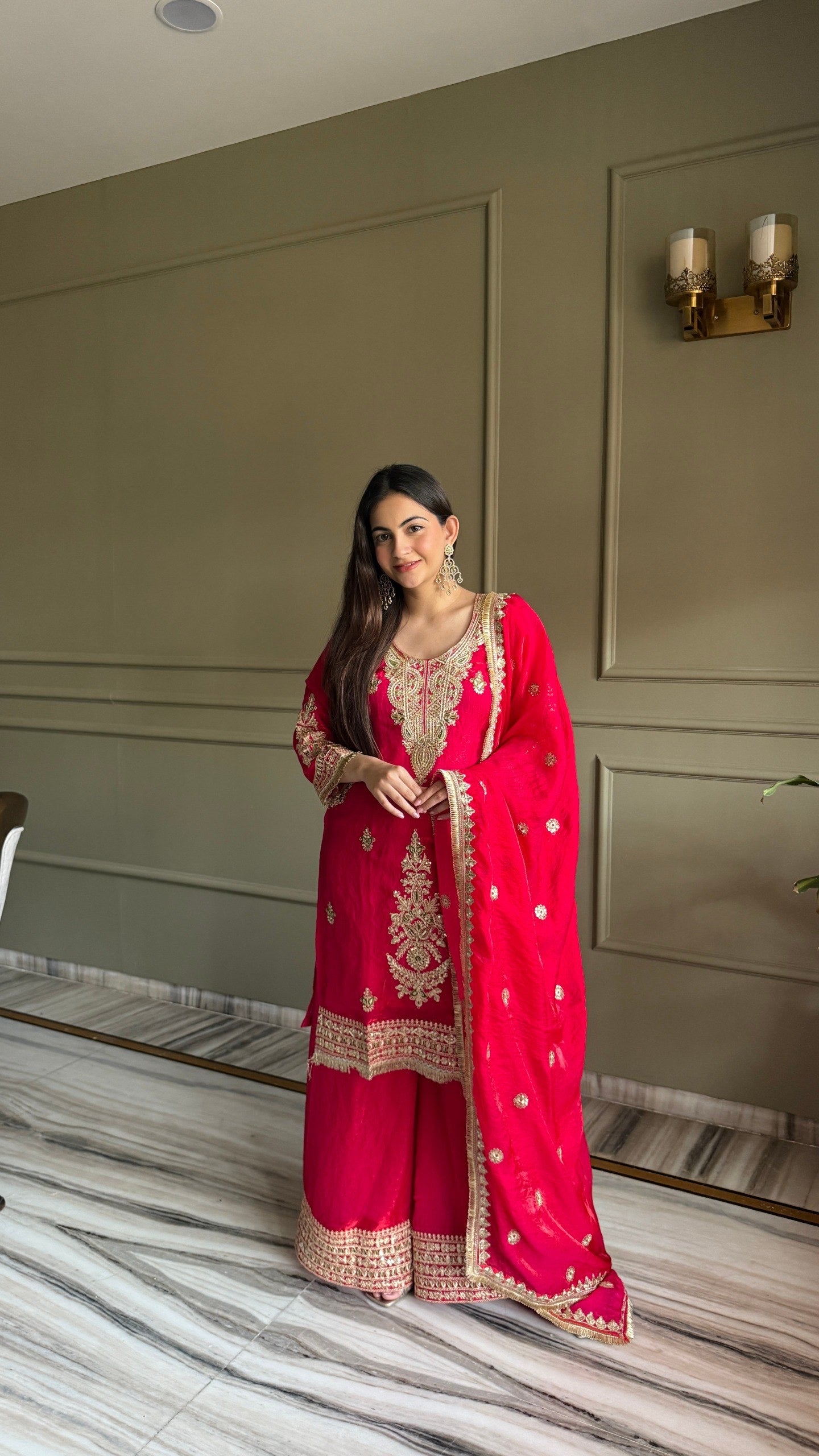 Red Fendi Satin Embroidery Work Suit Set 