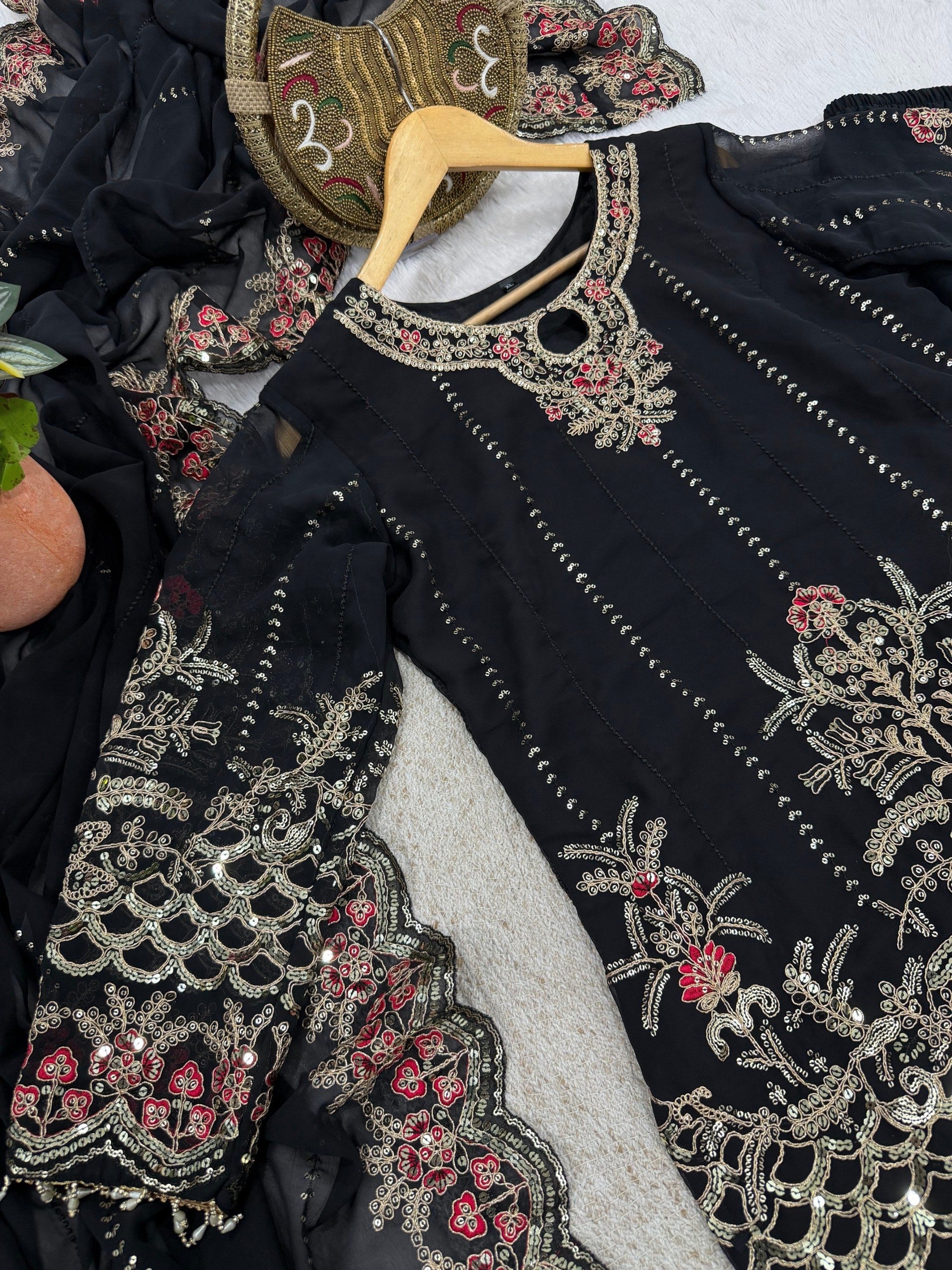 Black Faux Georgette Embroidery Sequins Work Suit Set