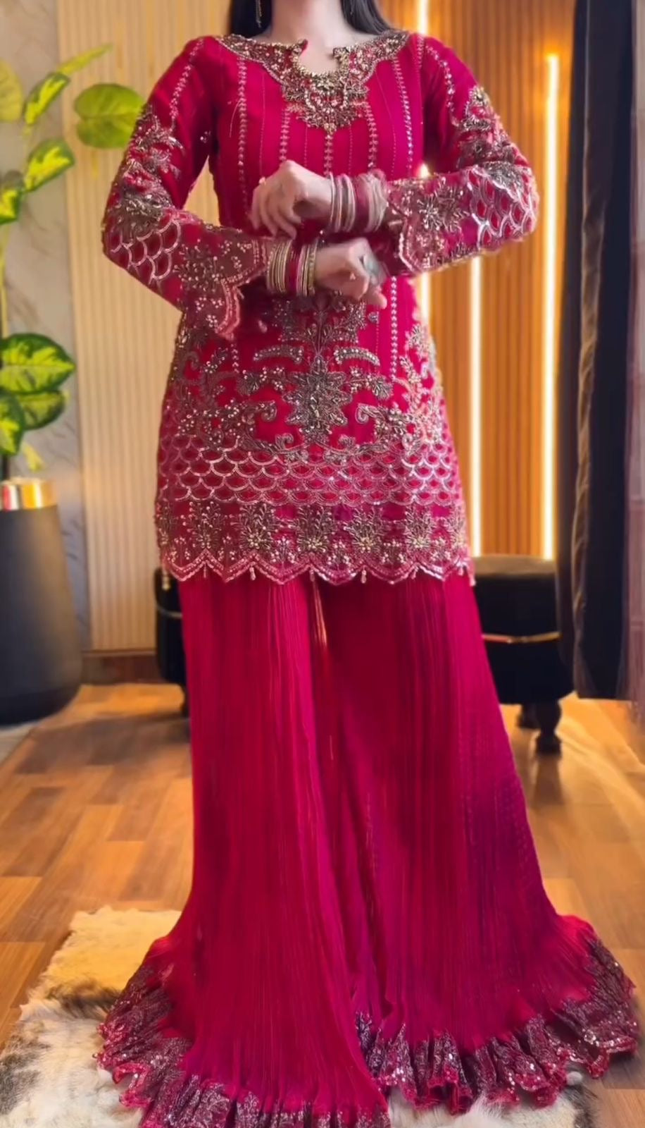 Red Faux Georgette Embroidery Sequins Work Suit Set 