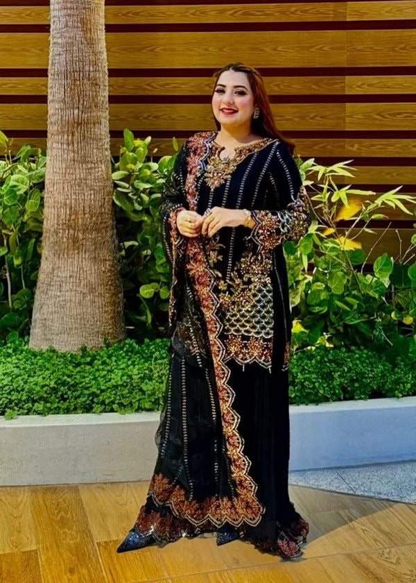 Black Faux Georgette Embroidery Sequins Work Suit Set