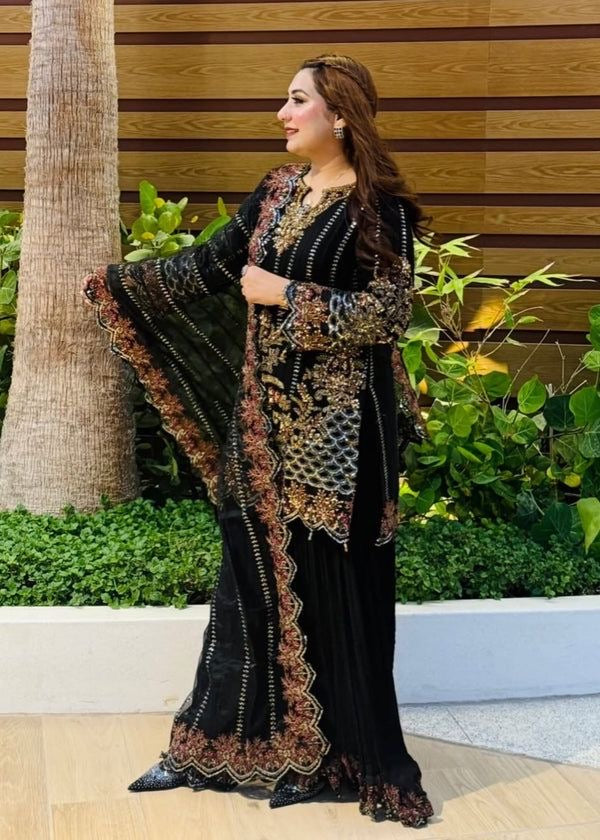 Black Faux Georgette Embroidery Sequins Work Suit Set