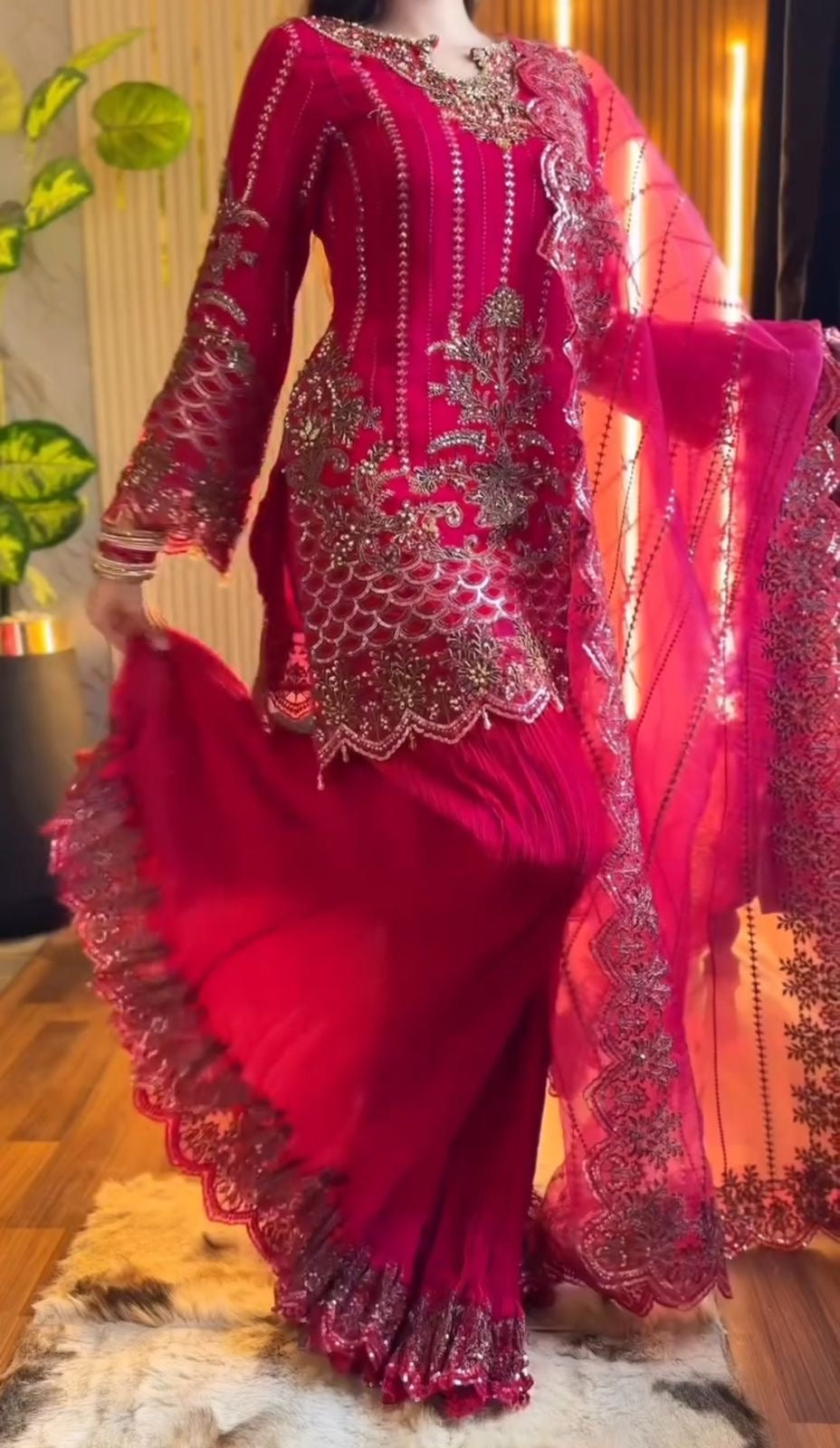 Red Faux Georgette Embroidery Sequins Work Suit Set 