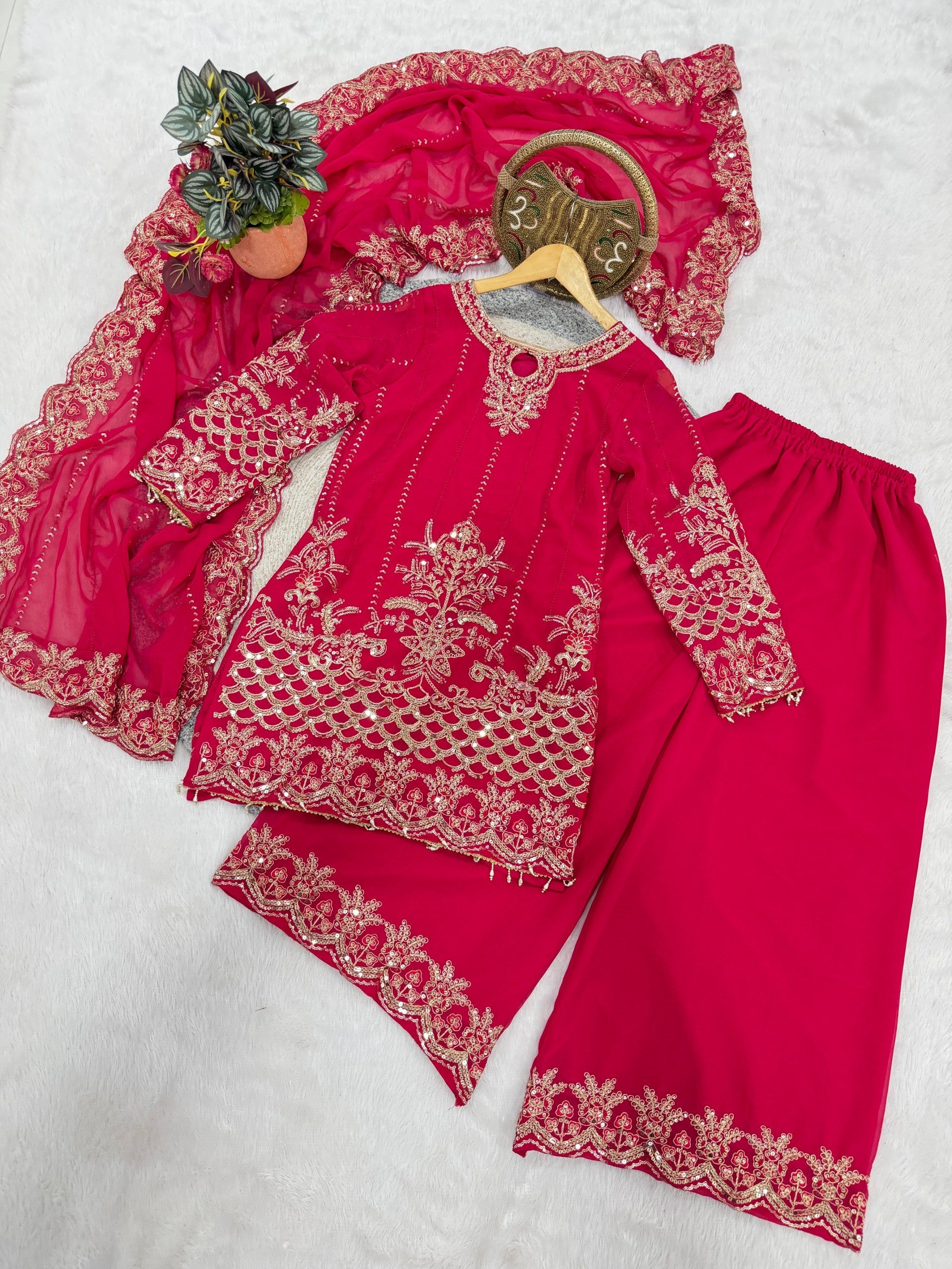 Red Faux Georgette Embroidery Sequins Work Suit Set 