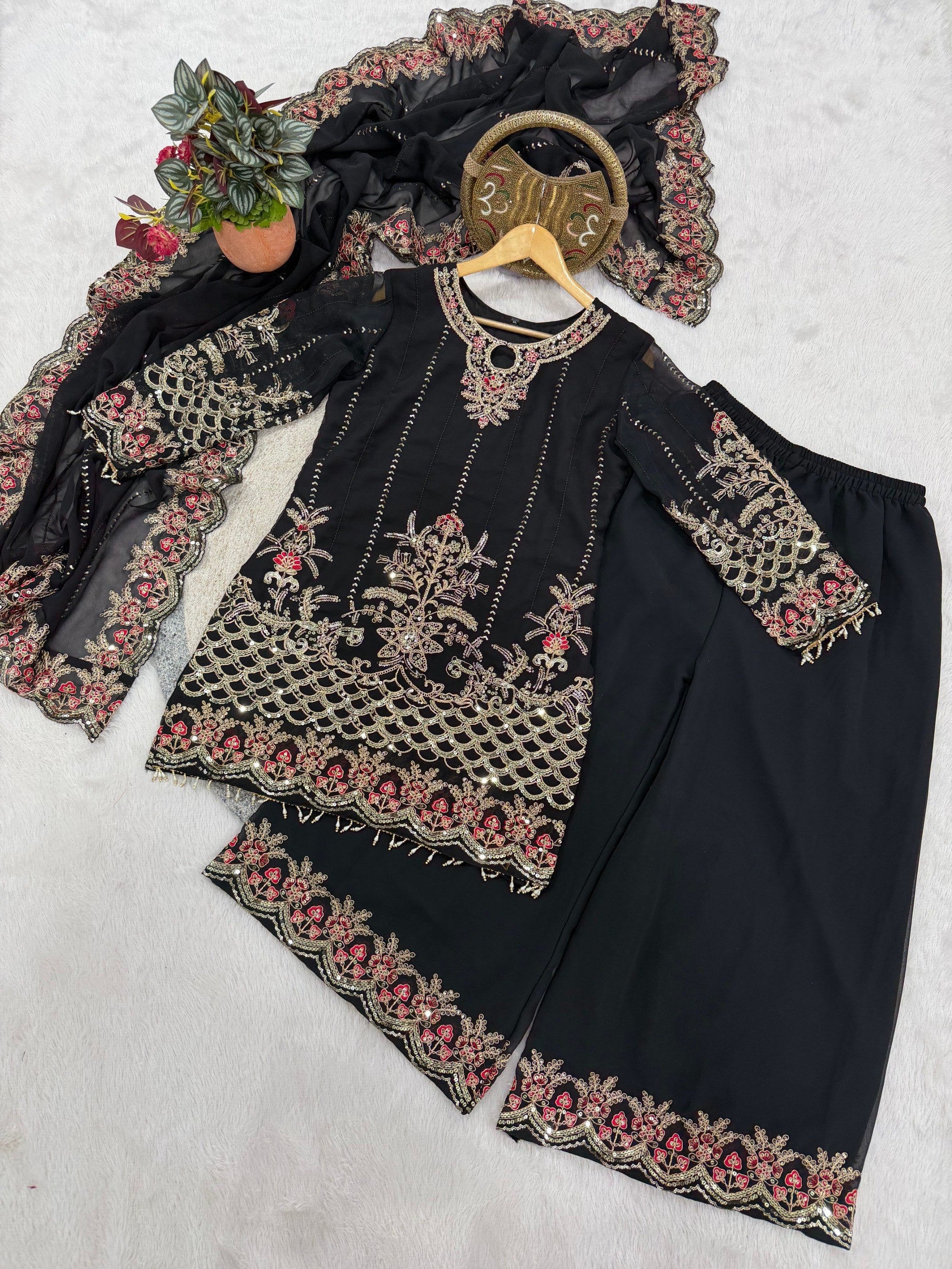 Black Faux Georgette Embroidery Sequins Work Suit Set