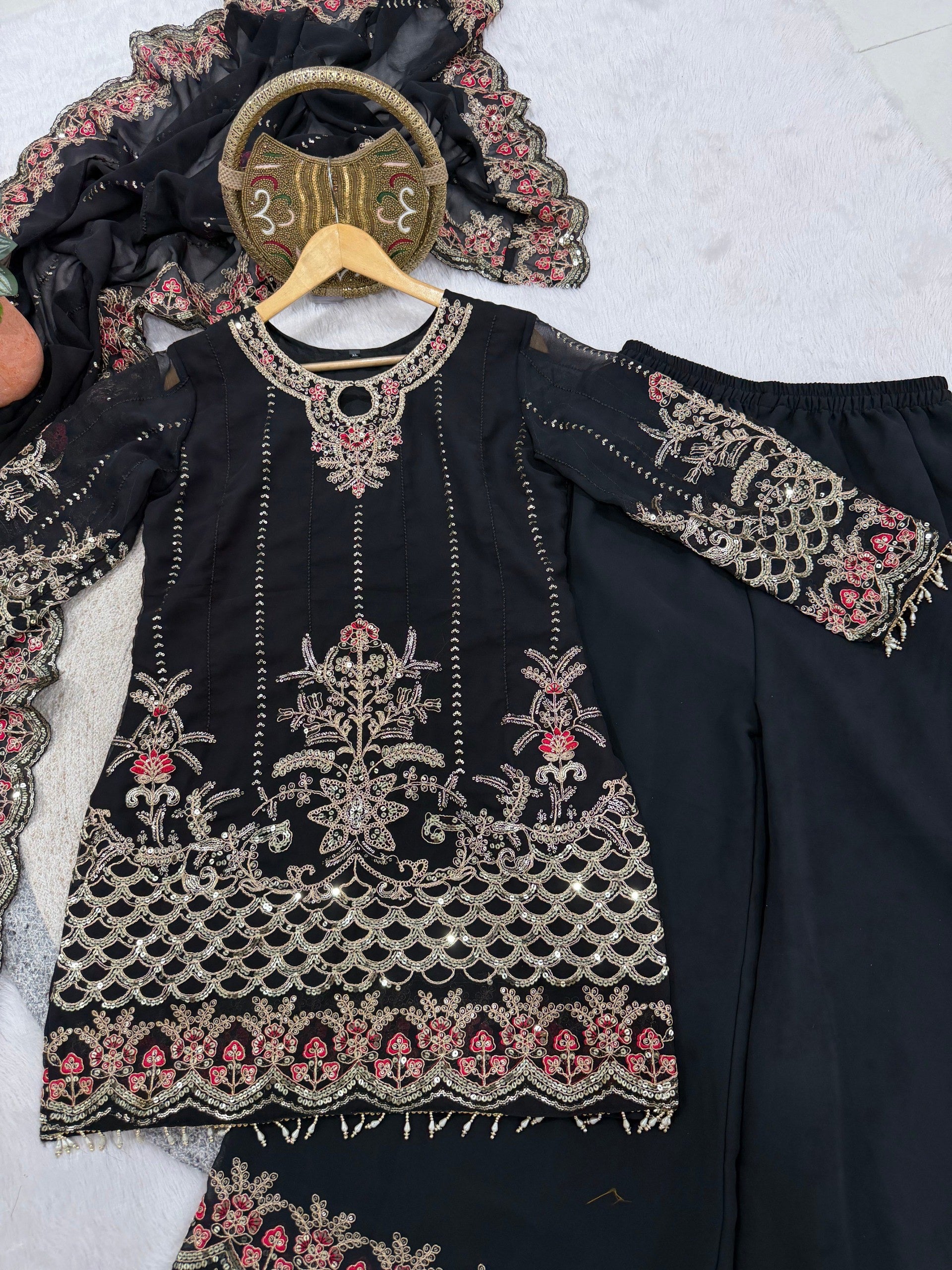 Black Faux Georgette Embroidery Sequins Work Suit Set