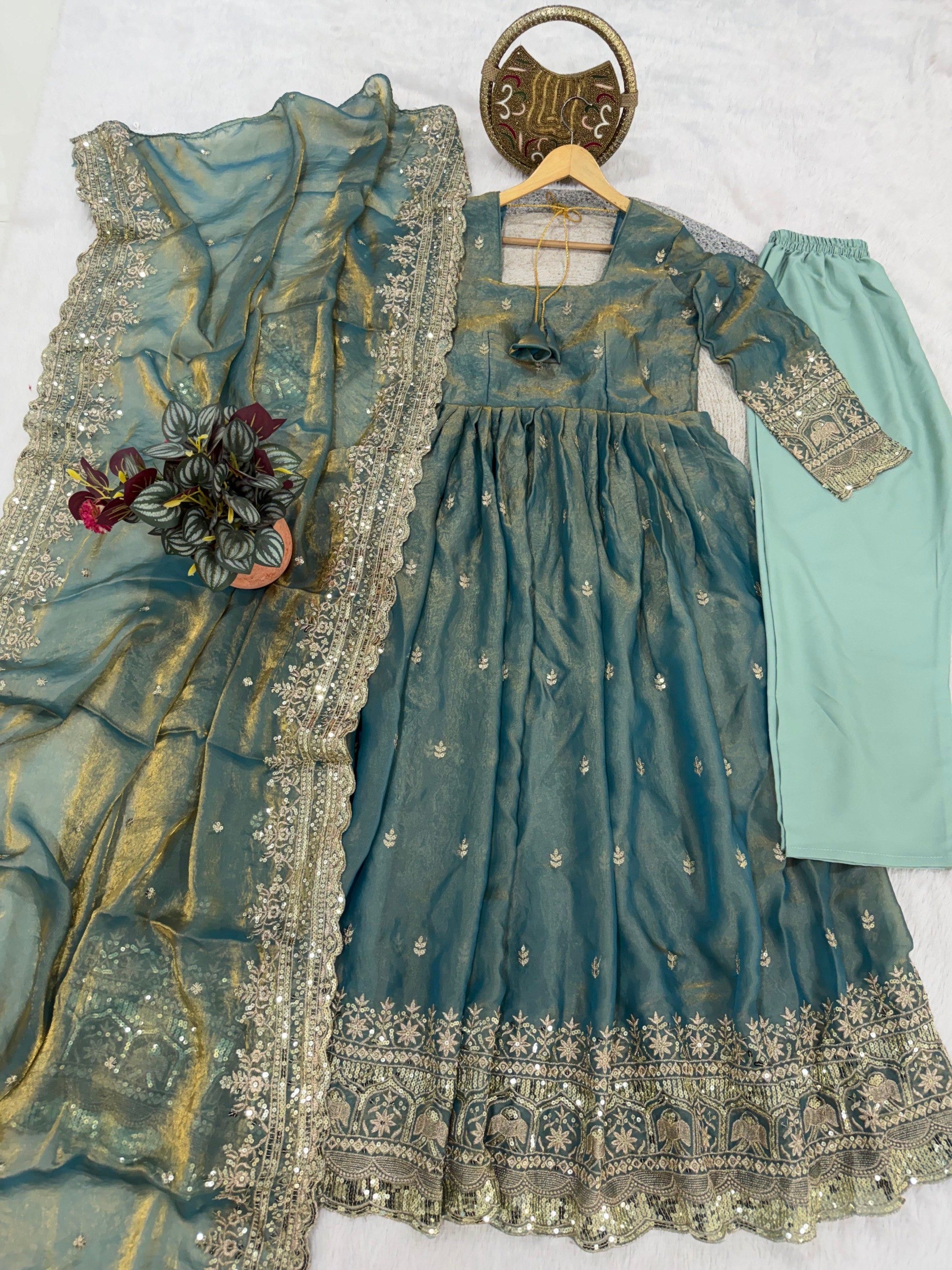Mint Green Fendi Satin Embroidered Sequins Work Full Sleeve Suit Set